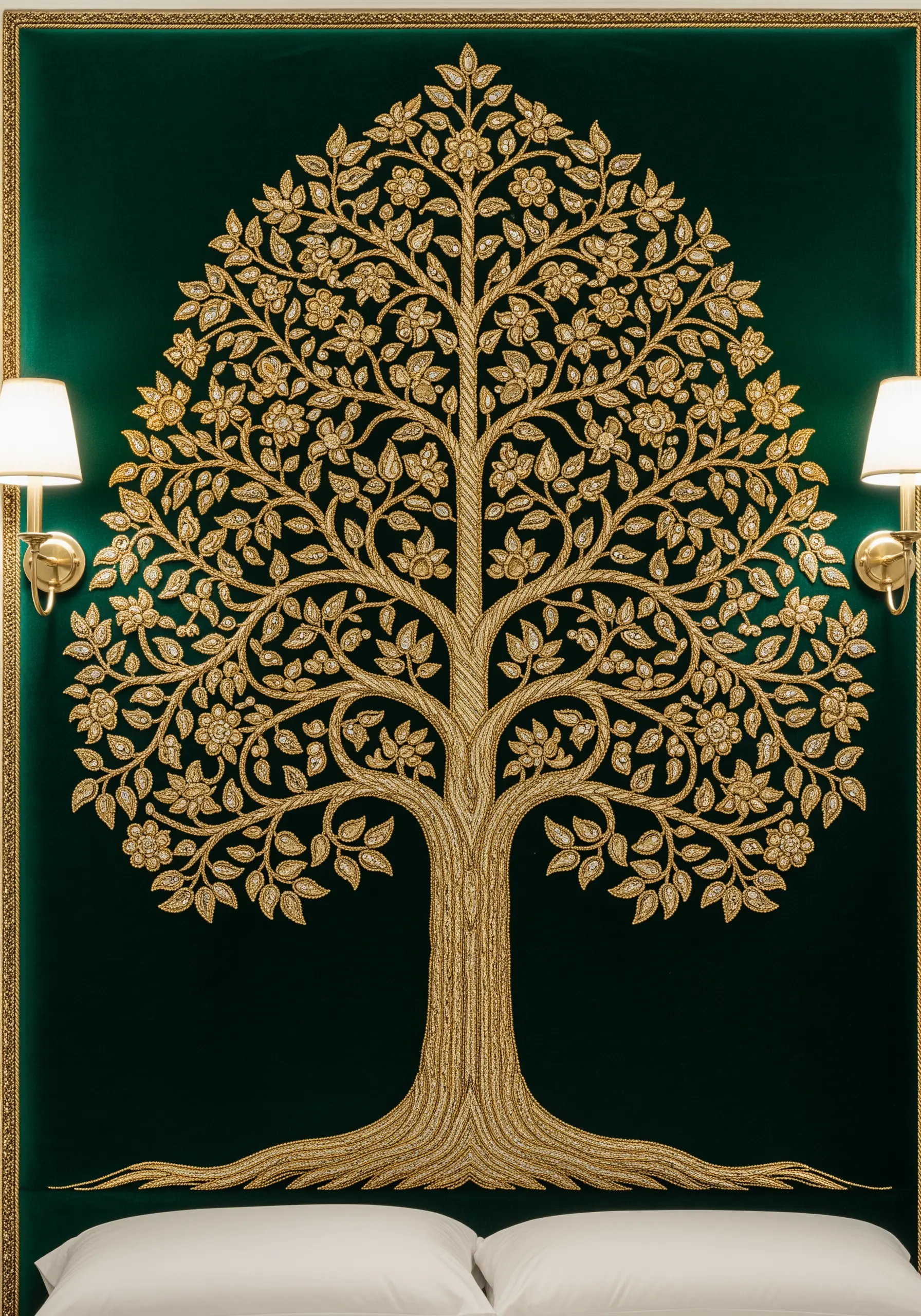 A luxurious Tree of Life embroidered in gold Zardozi on a green velvet headboard.