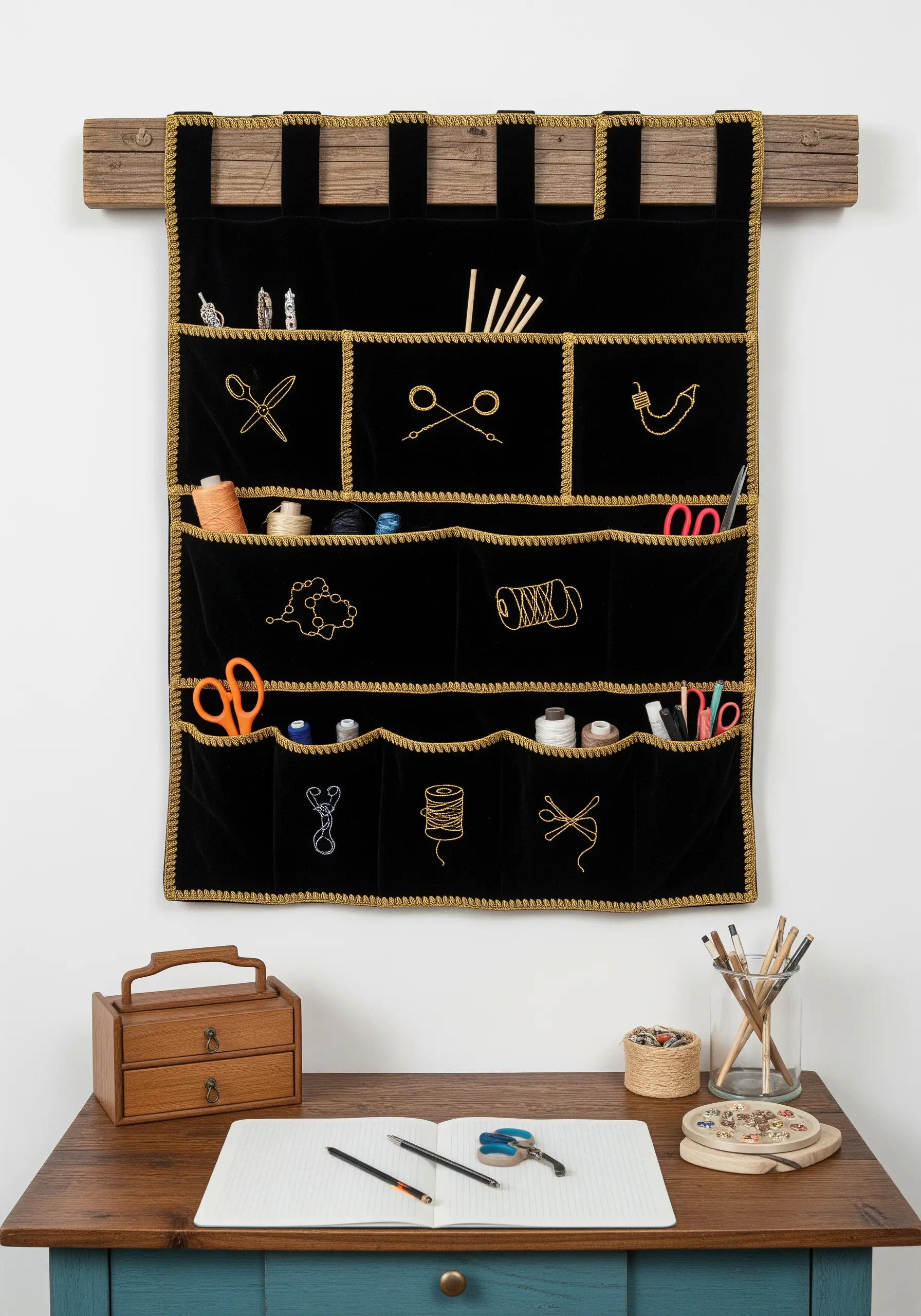 A black velvet wall organizer with pockets embroidered with gold outlines of sewing tools.