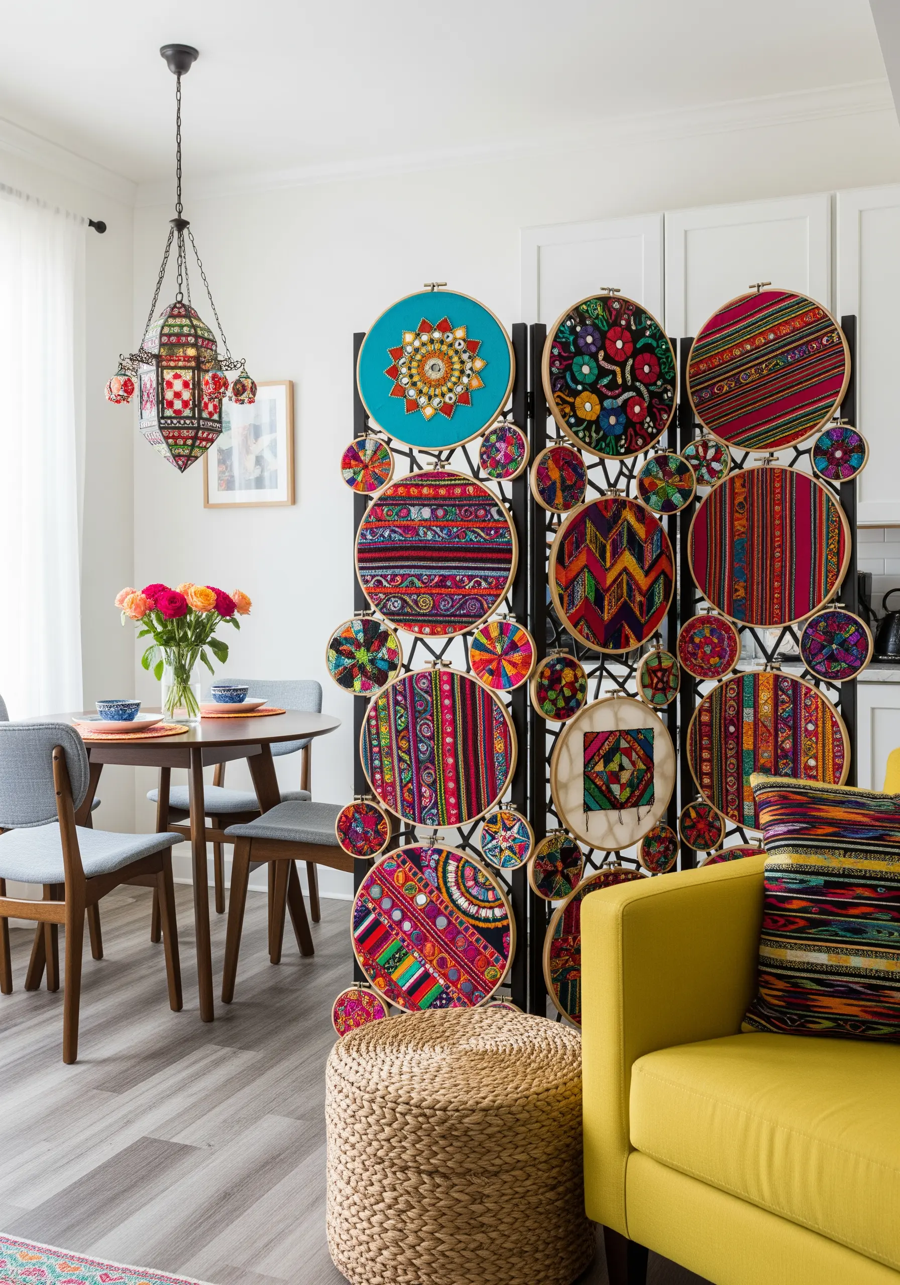 A vibrant collage of hoops filled with colorful, patterned global and tribal textiles.