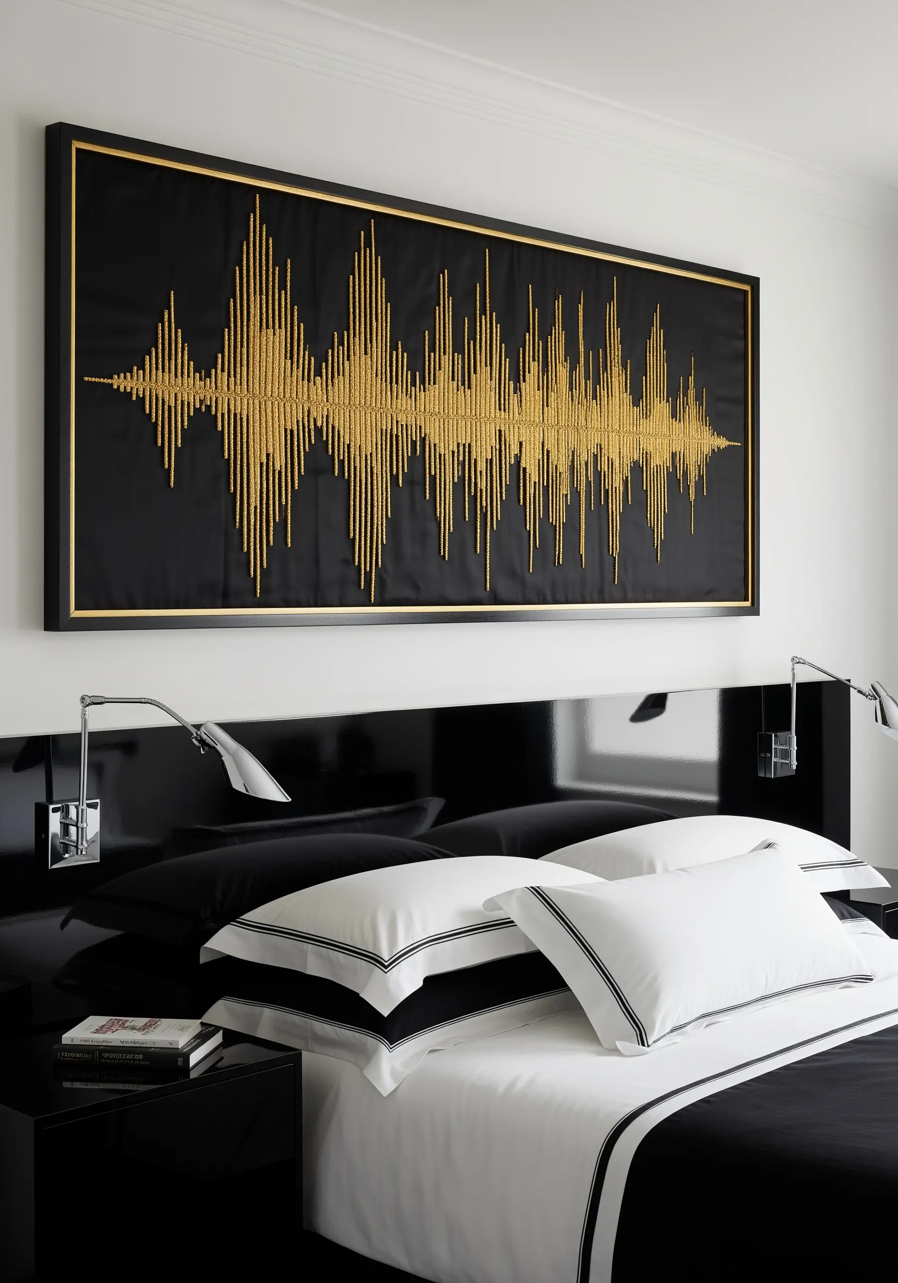 A long, framed embroidery of a soundwave stitched in gold metallic thread on black fabric.