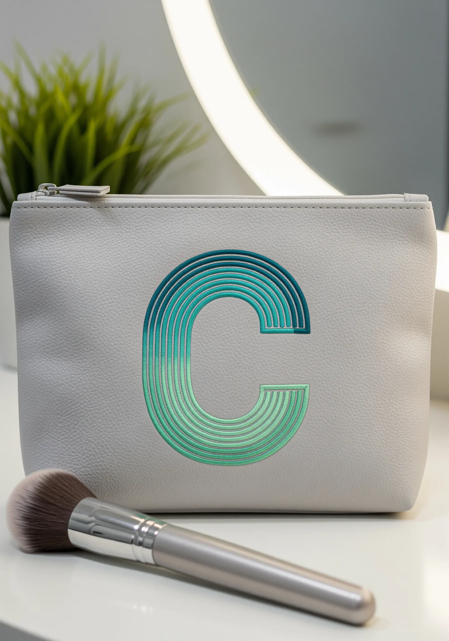 Monogram 'C' made of concentric gradient lines from teal to mint green.