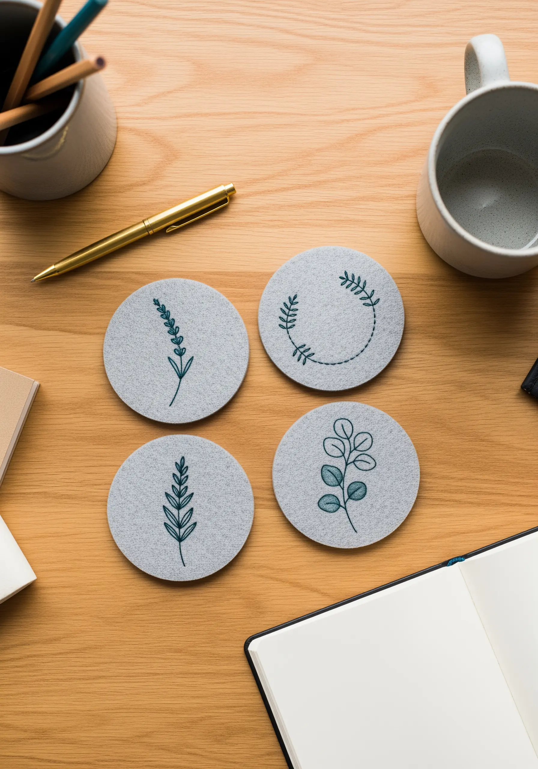 Set of four grey felt coasters with different minimalist botanical embroidery designs.