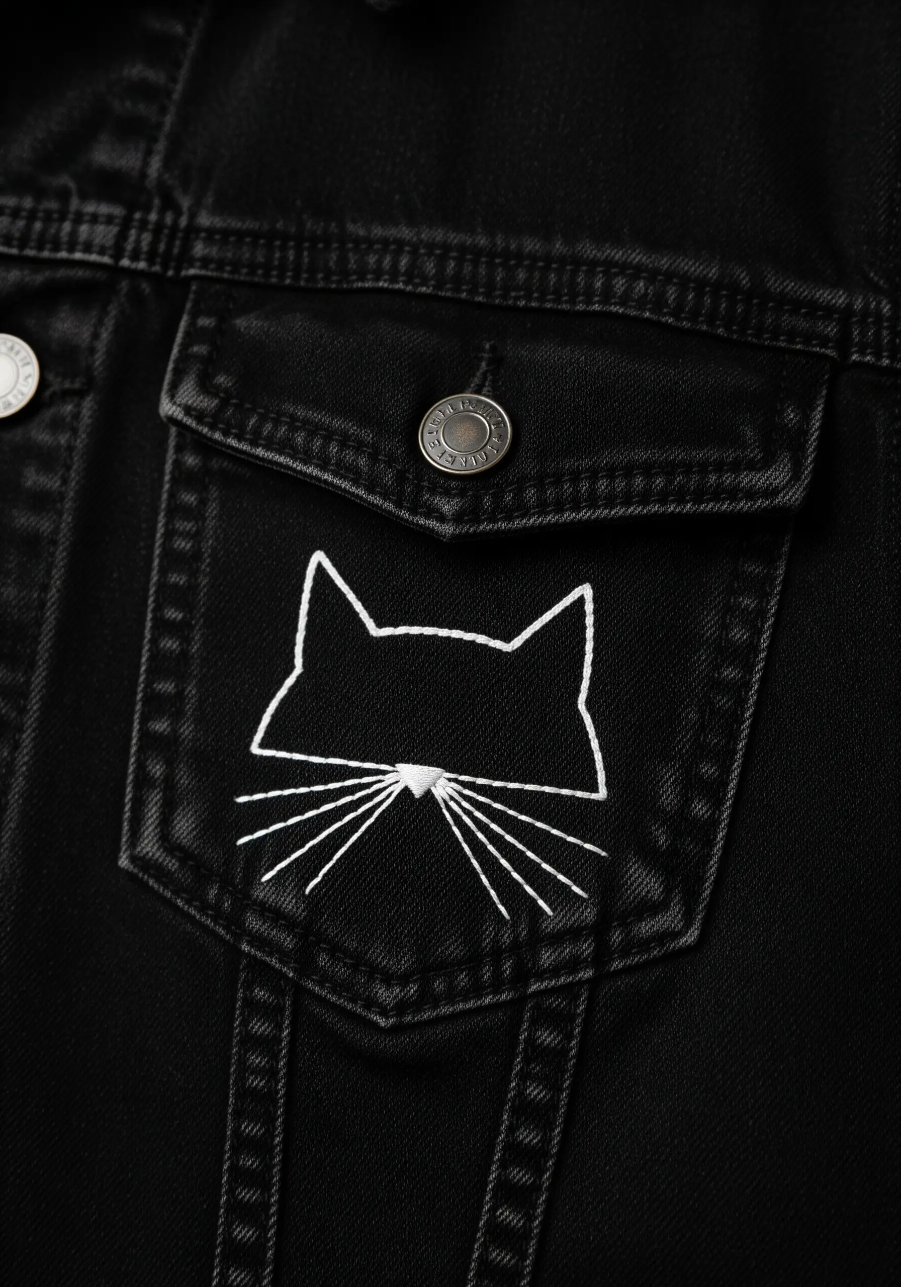 A minimalist white line-art embroidery of a cat's head and whiskers on a black denim pocket