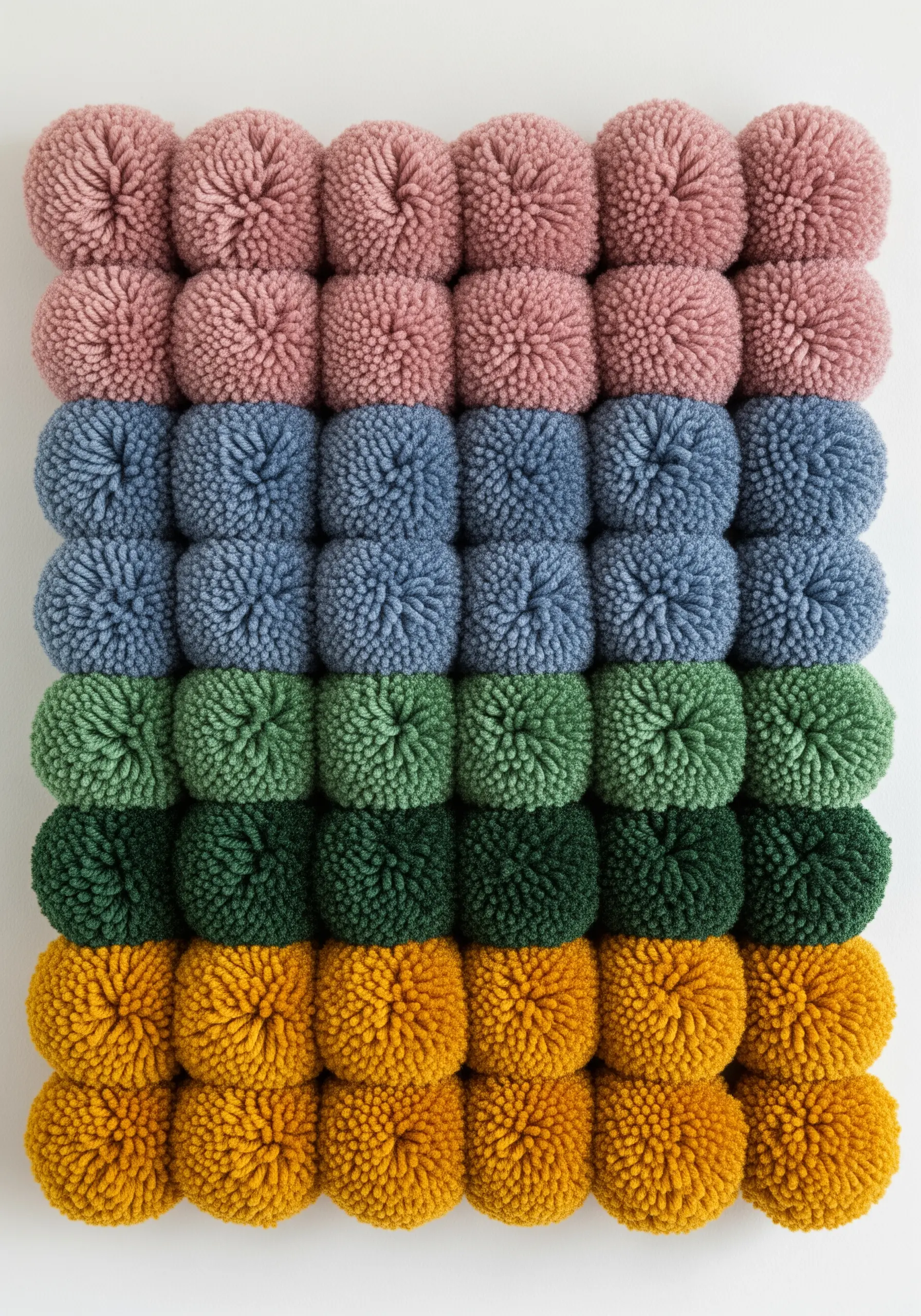 A grid of tightly packed pom-poms arranged in color-blocked rows of pink, blue, green, and yellow.