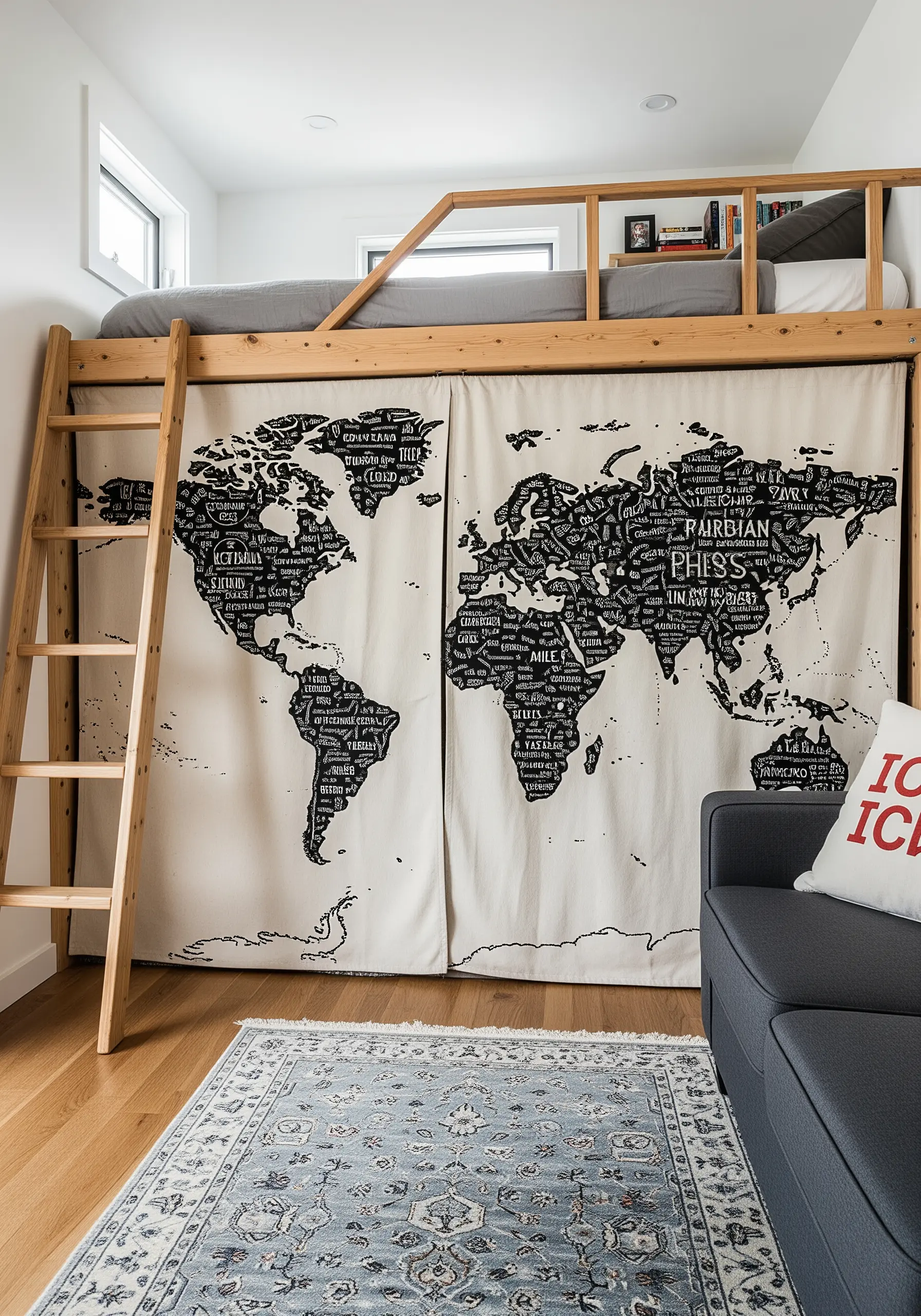 A canvas curtain for a loft bed featuring a black world map with embroidered text.