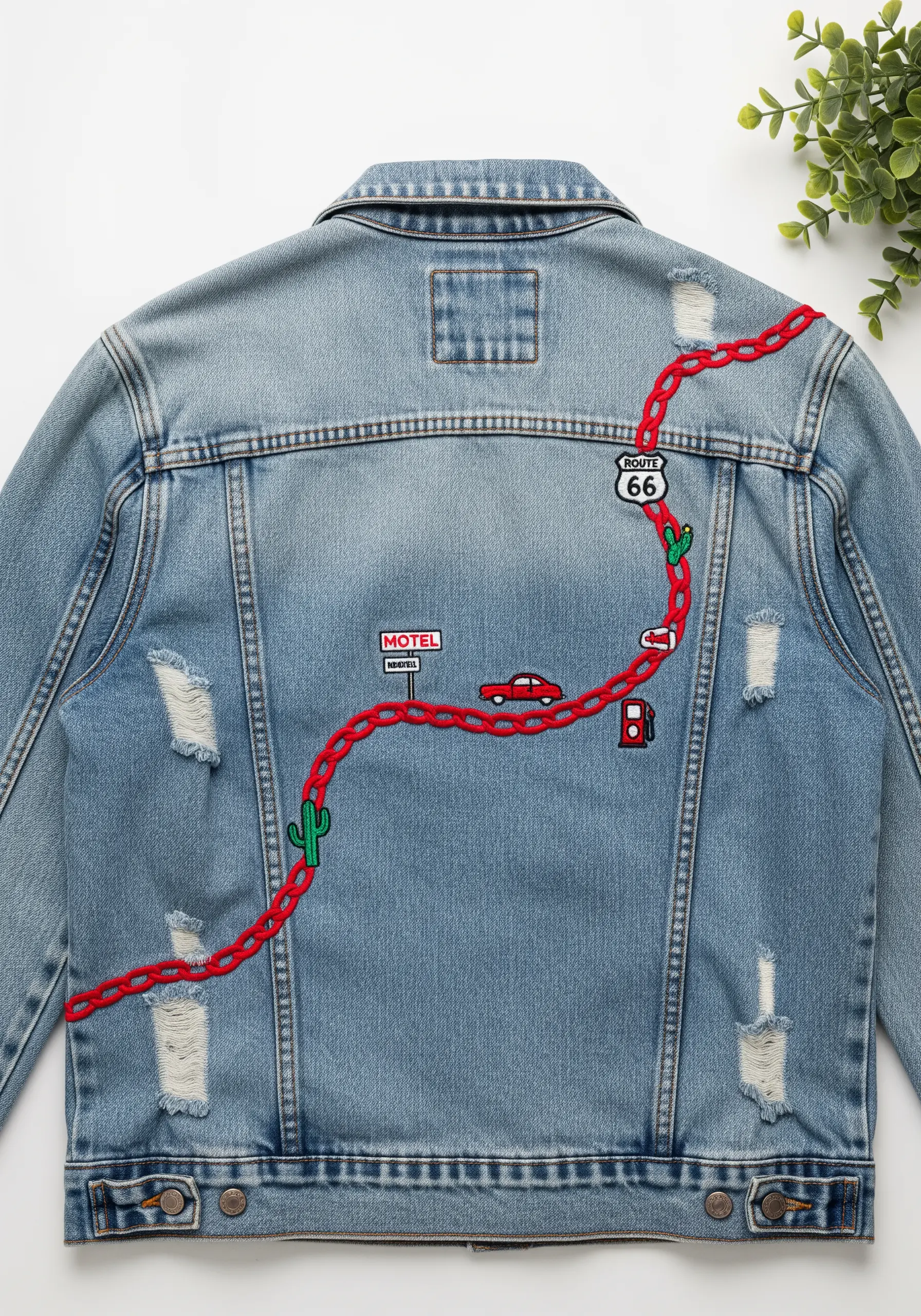 A stylized map of Route 66 embroidered with a red chain stitch on a denim jacket.