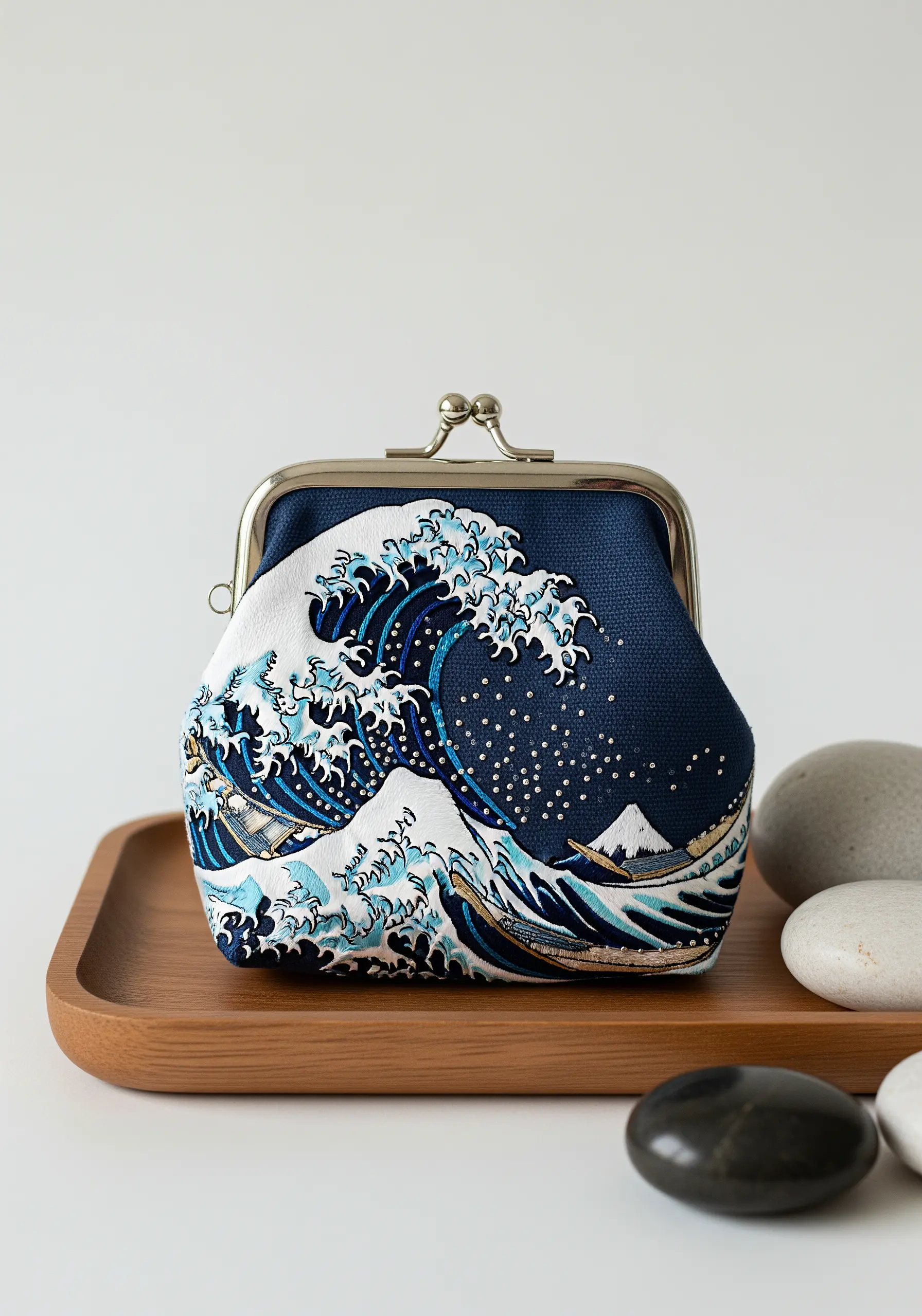 A coin purse embroidered with a detailed replica of 'The Great Wave off Kanagawa'.