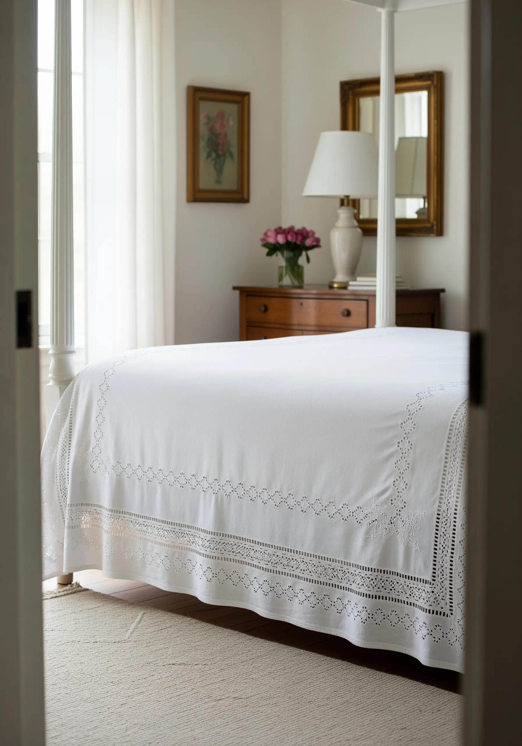 An intricate white-on-white eyelet and drawn-thread work border on a bedspread.