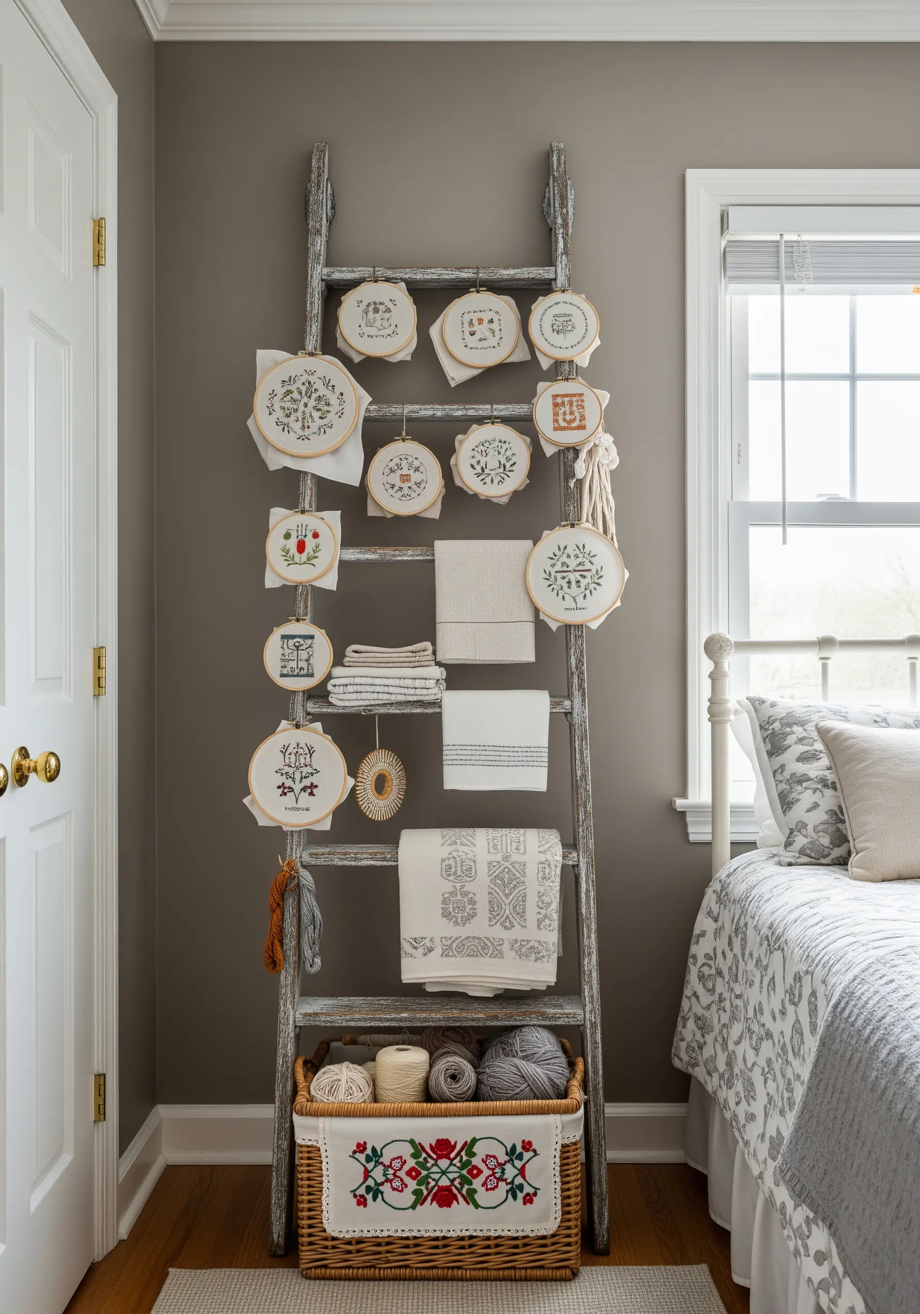 A rustic wooden ladder used to display a collection of finished embroidery hoop art.