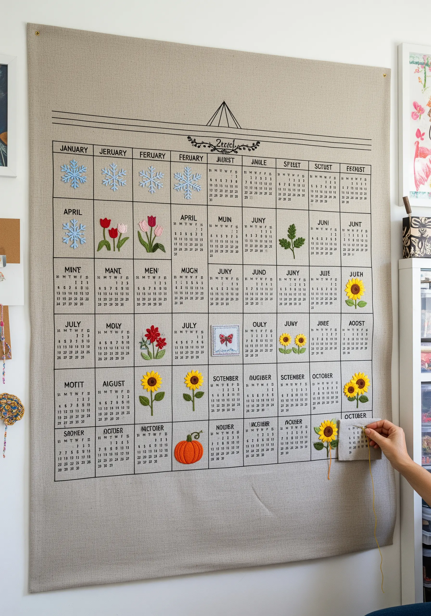 A large linen wall calendar with embroidered months and spaces for seasonal motifs.