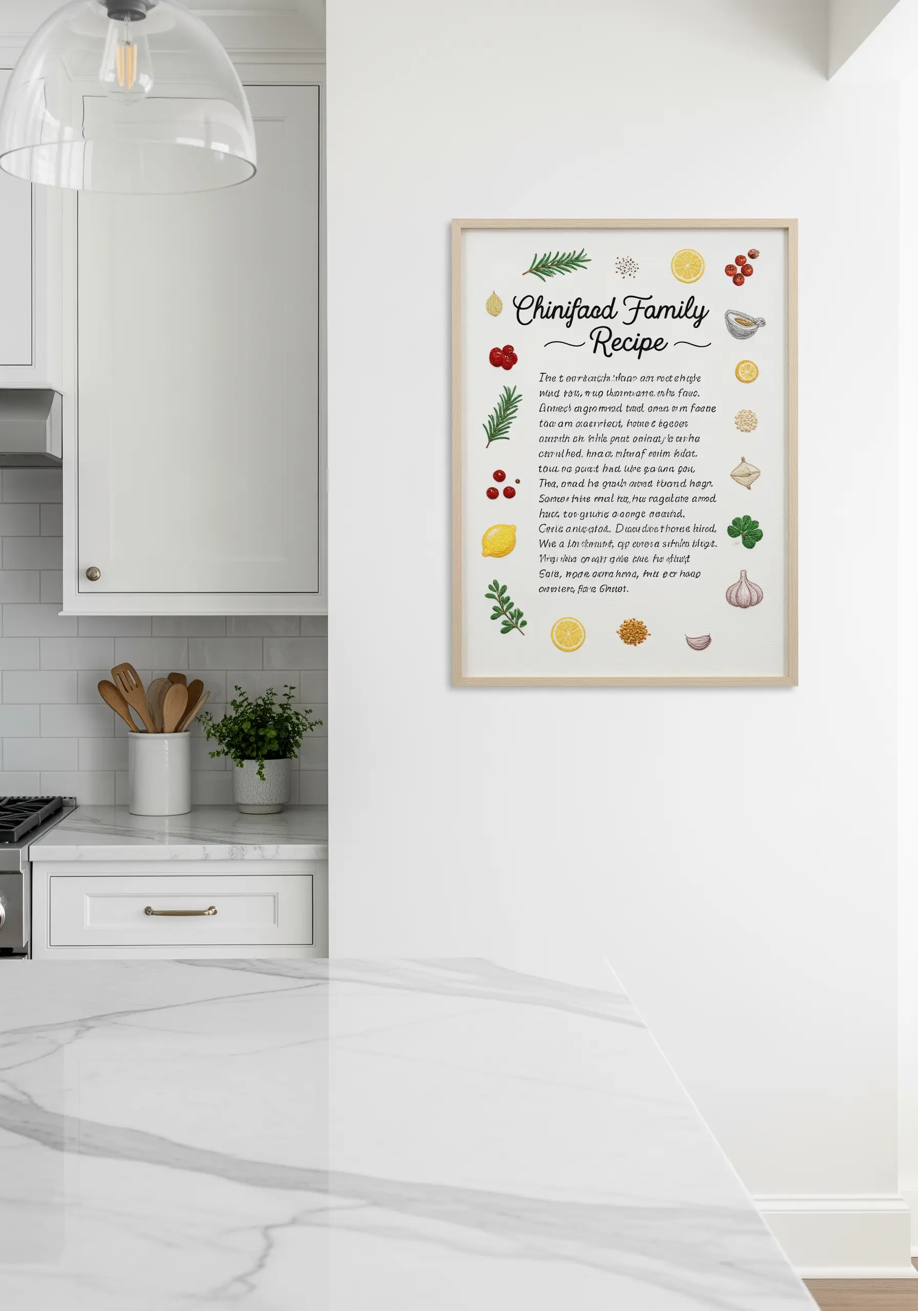 A family recipe embroidered with clean text and small illustrations of ingredients like lemon and rosemary.