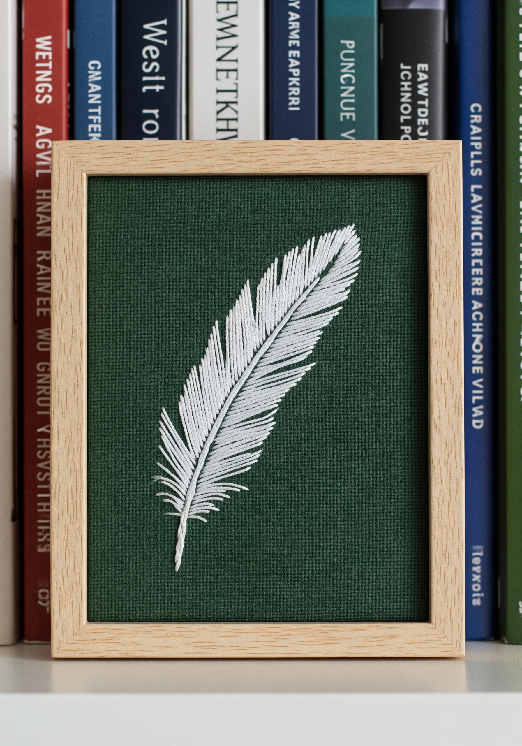 A highly detailed white feather embroidered with fishbone stitch on dark green fabric.
