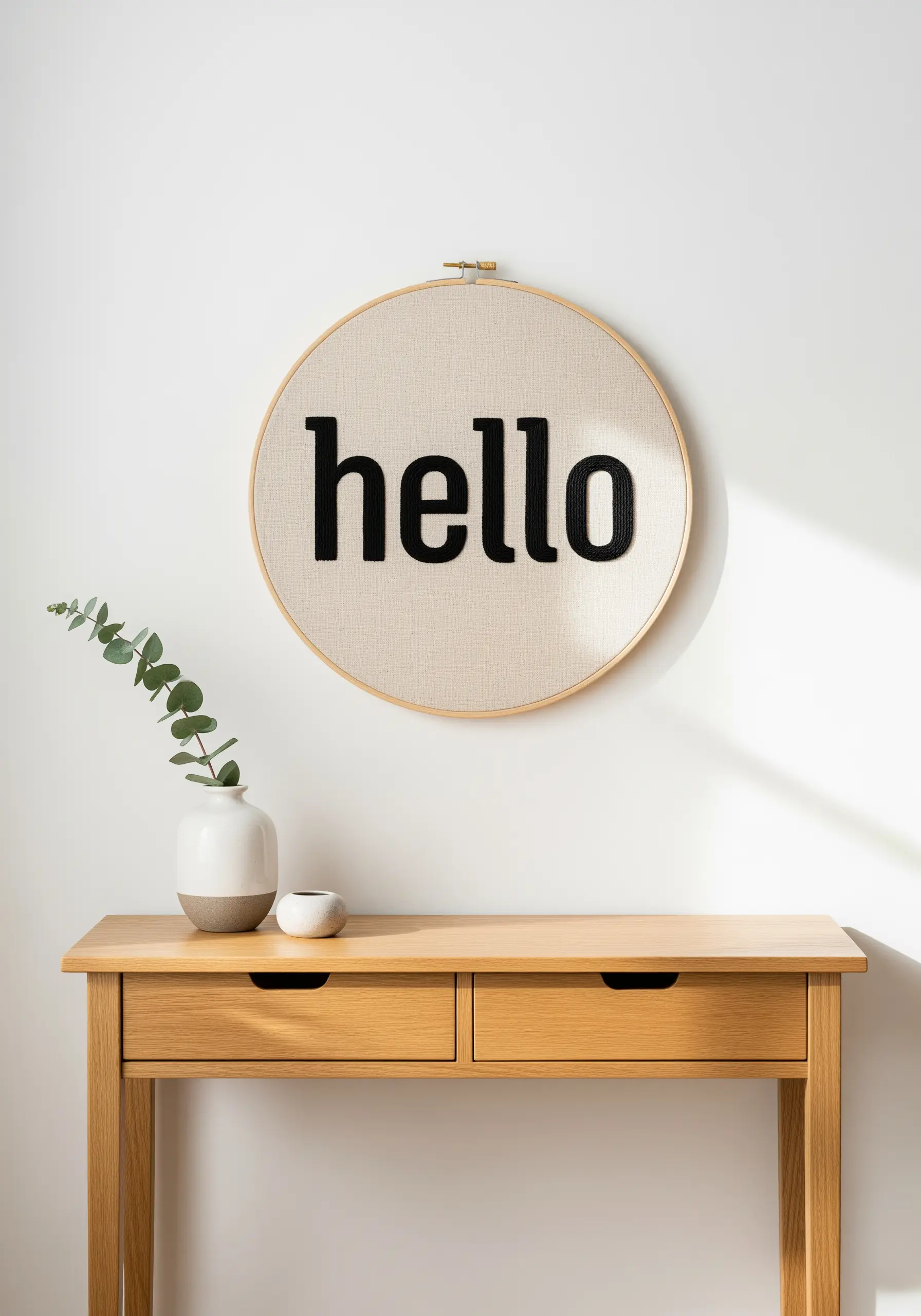Bold black 'hello' in raised satin stitch embroidery on neutral fabric.