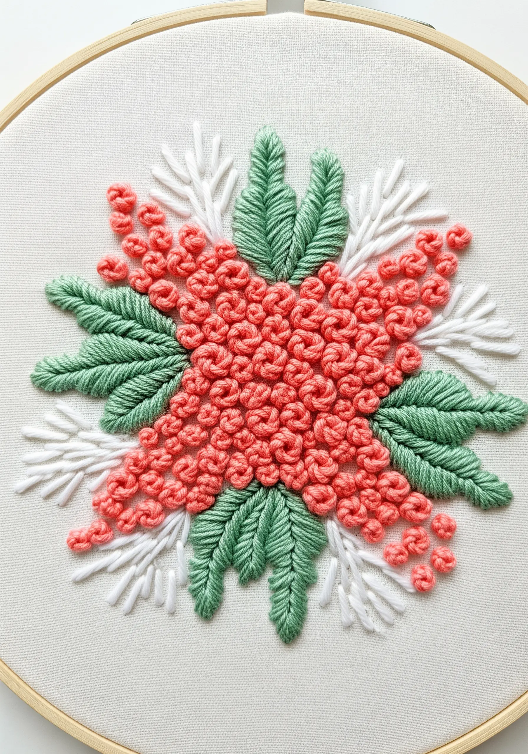 A dense floral medallion with coral bullion knots, green fishbone leaves, and white accents.