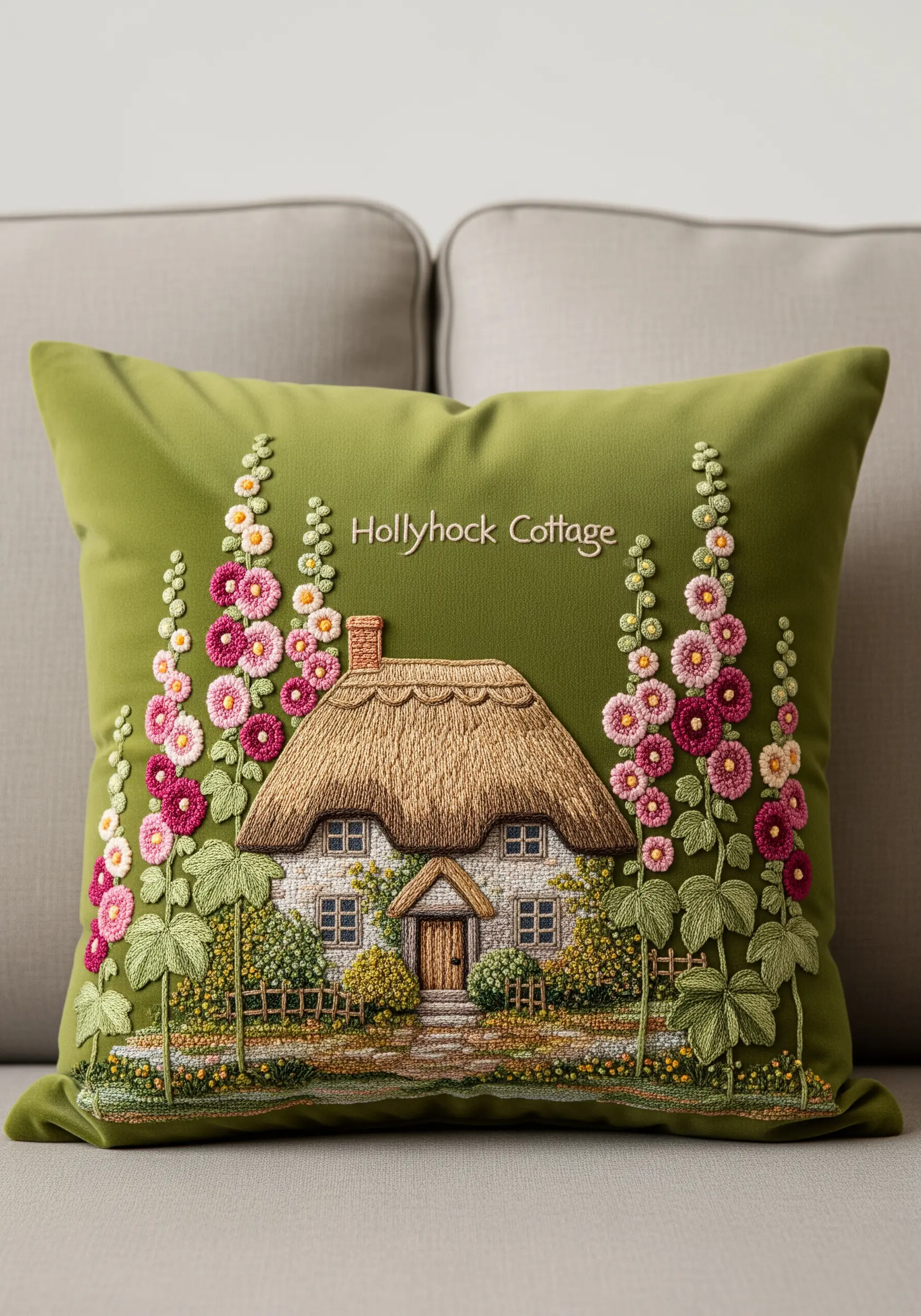A detailed embroidered cottage with a textured thatched roof and hollyhocks.