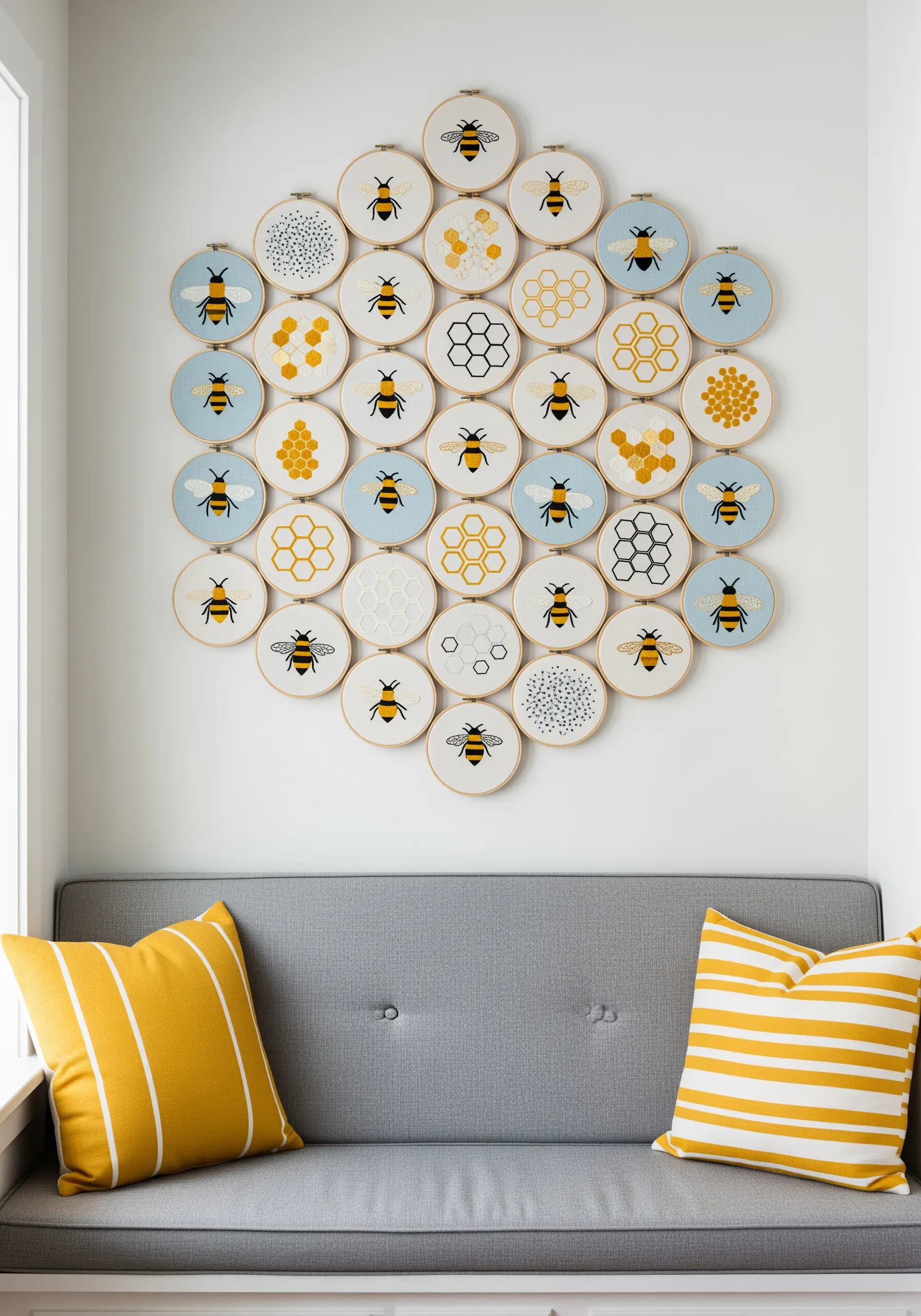 A large hexagonal wall installation made of many small hoops with bee and honeycomb motifs.