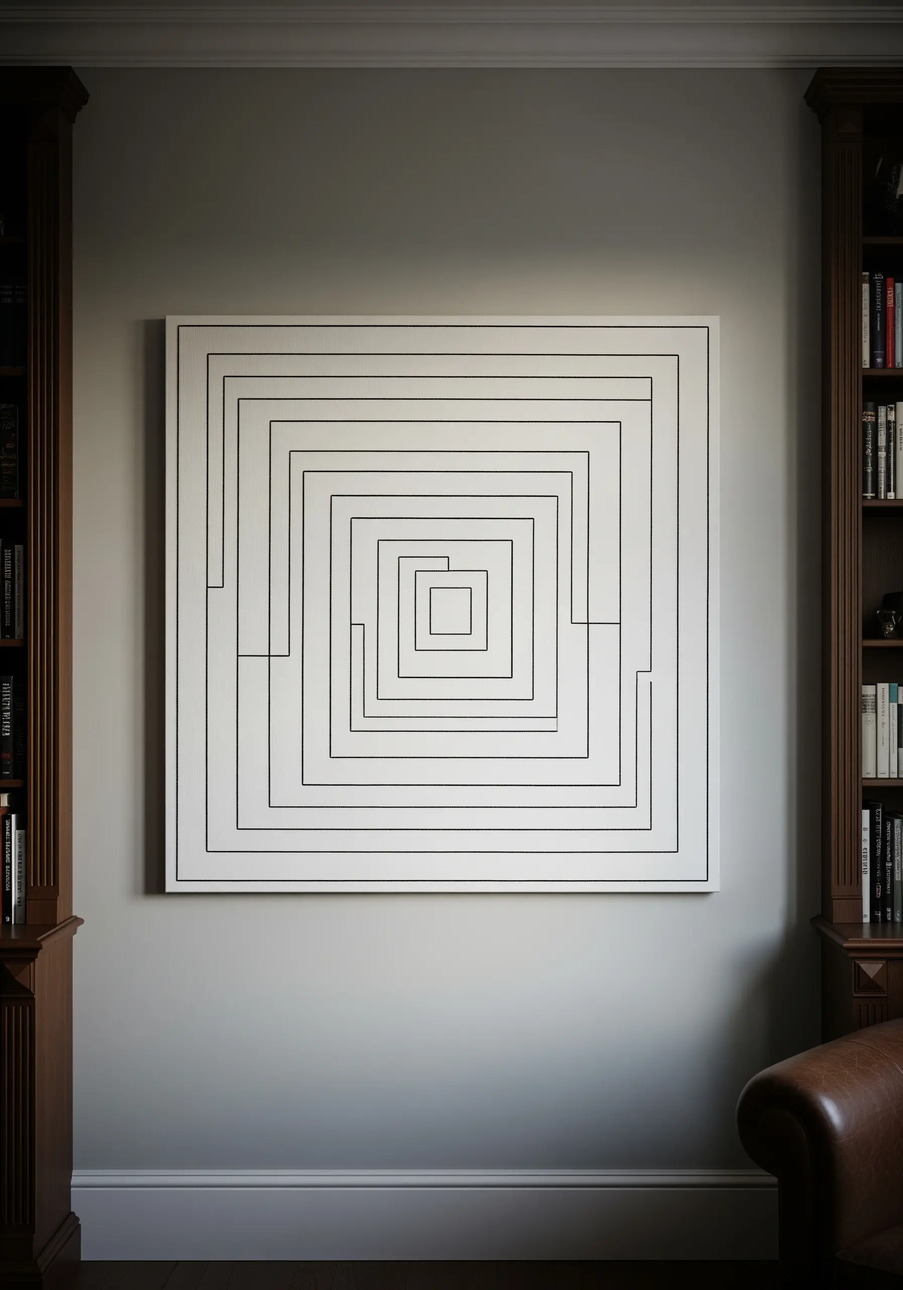 A large square canvas with a hypnotic pattern of concentric black-stitched squares.