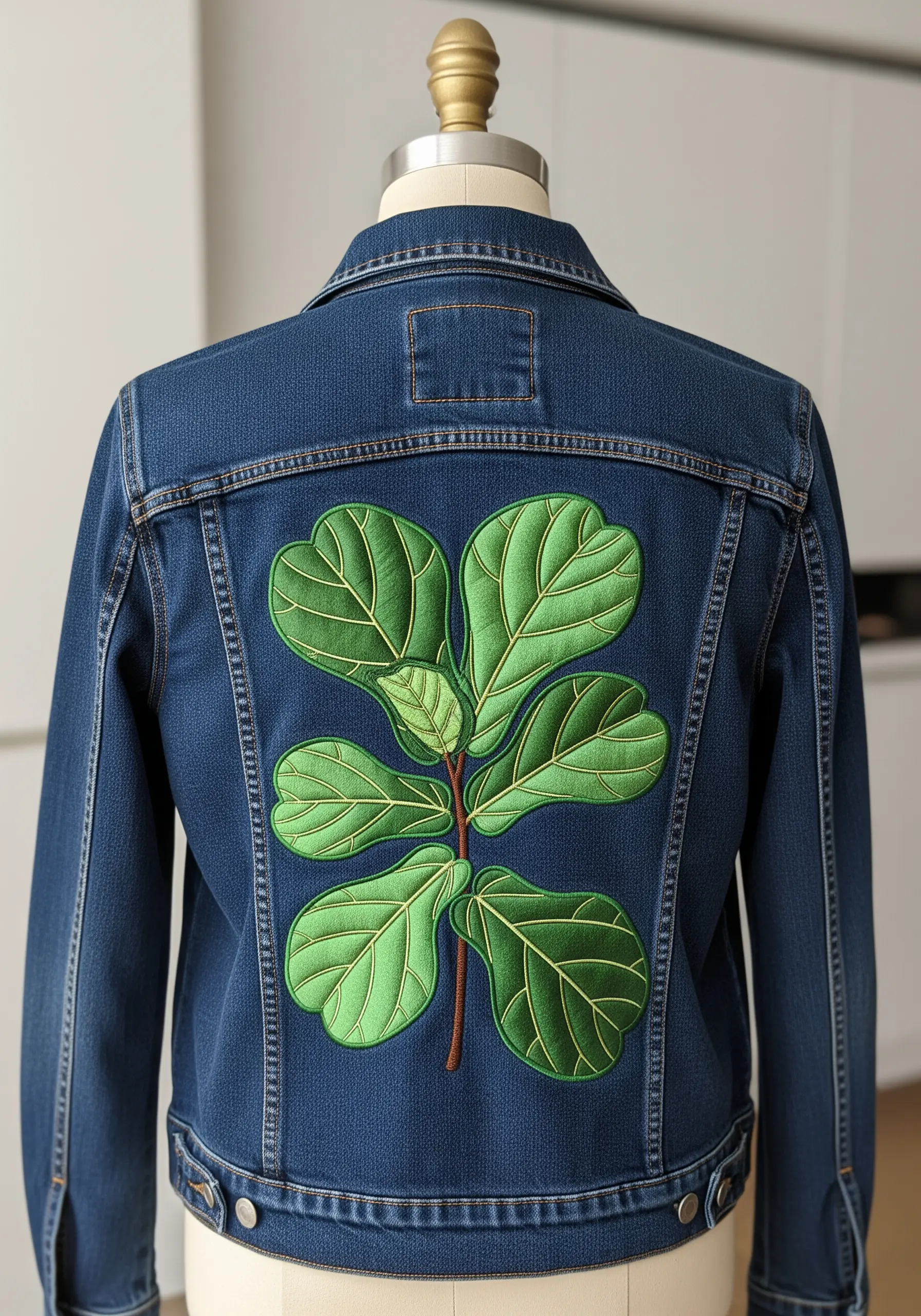 A fiddle leaf fig plant with large green leaves embroidered on a denim jacket.