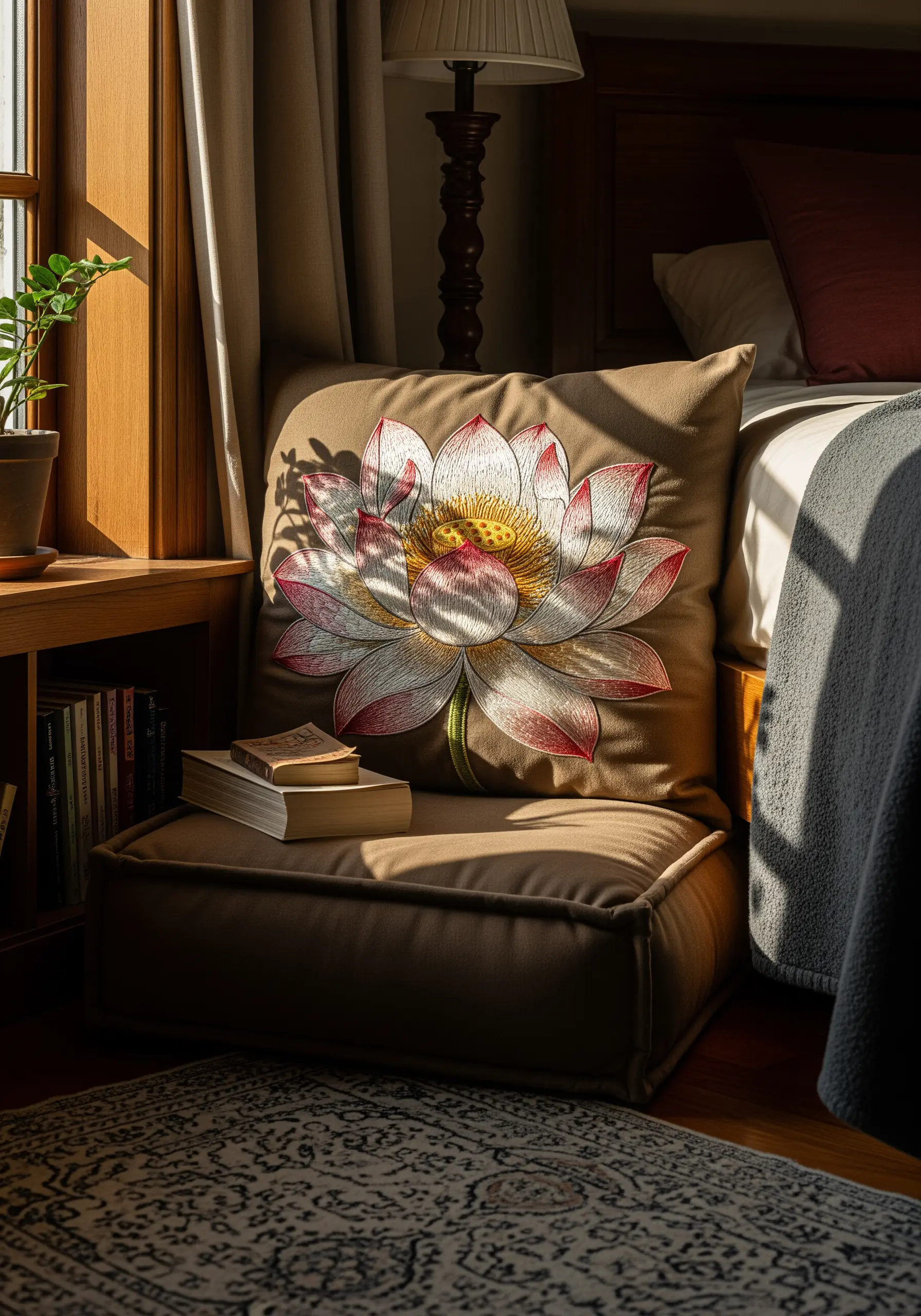 A large, detailed embroidered lotus flower on a floor cushion, catching the light.