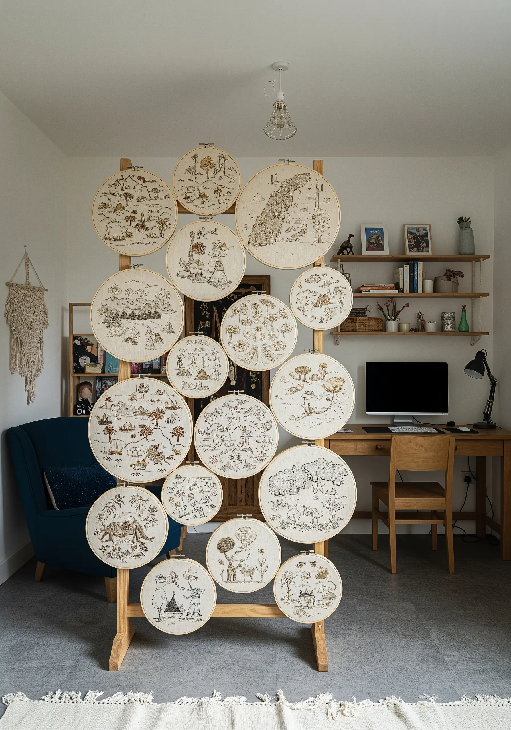 A collection of hoops with detailed illustrative embroidery creating a whimsical world map.