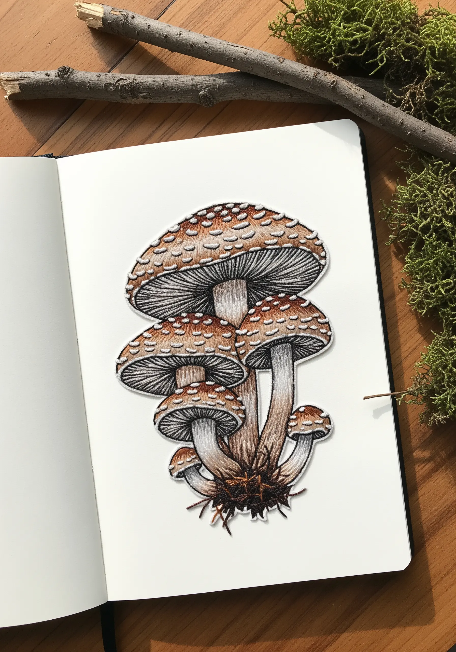 An embroidered patch of detailed mushrooms, showcasing fine line work and shading.