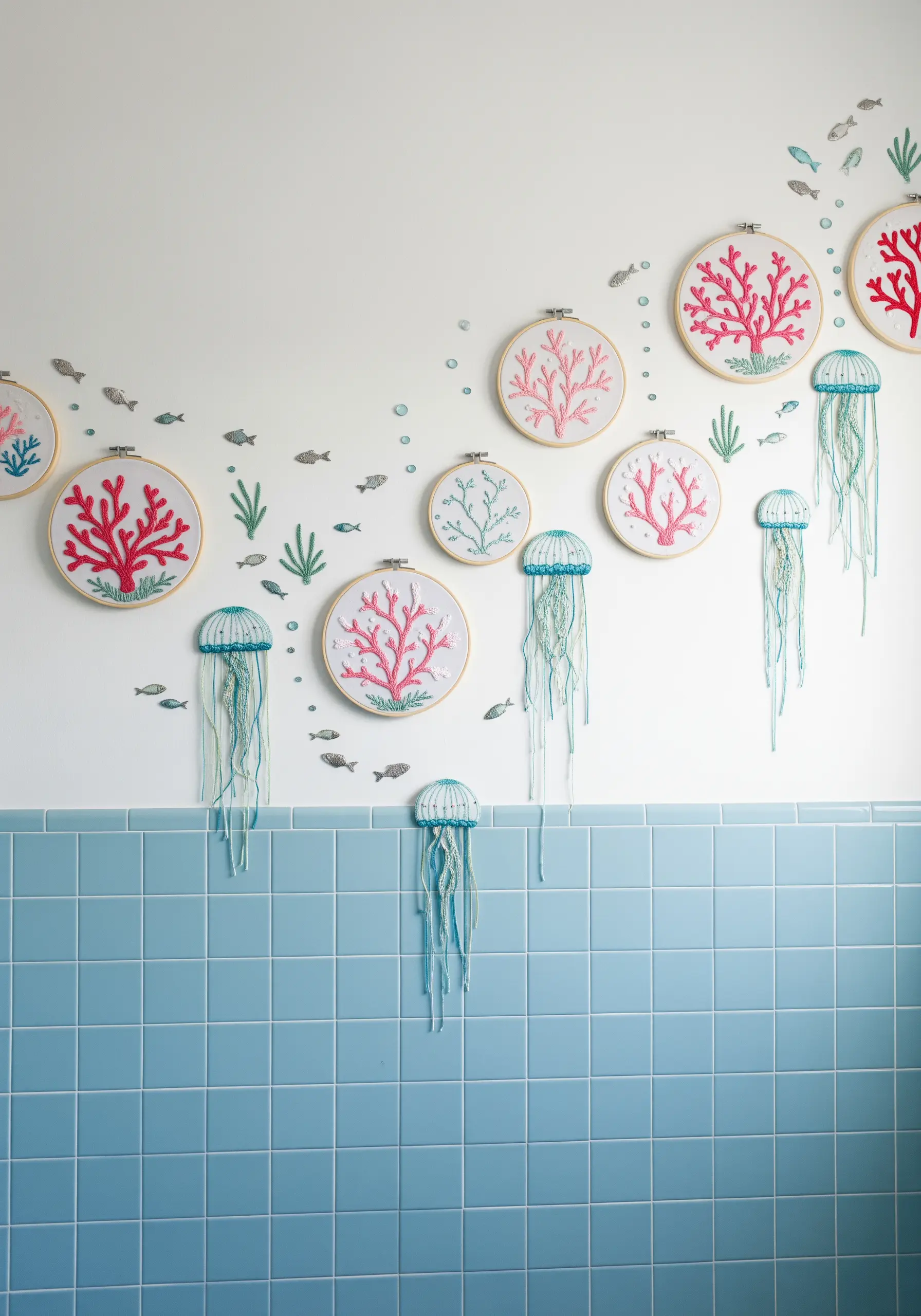 A wall of embroidery hoops with coral and jellyfish motifs, with threads hanging down as tentacles.