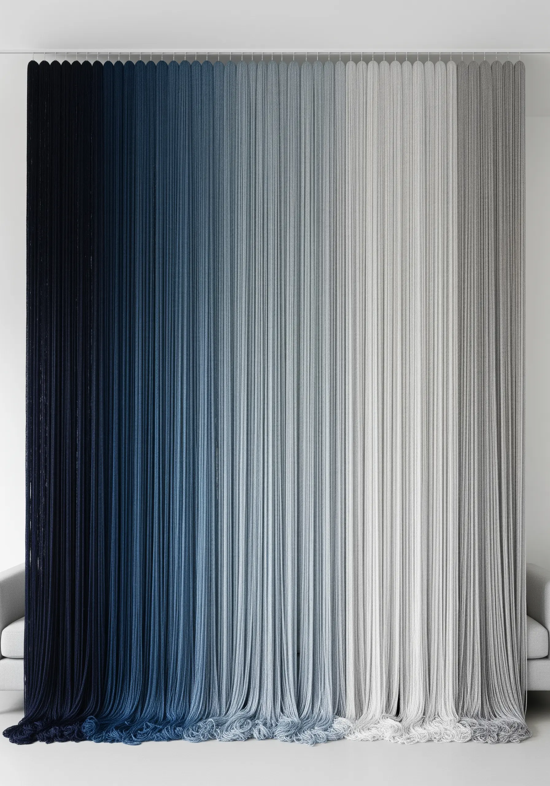 A floor-to-ceiling yarn installation creating a color gradient from black to gray.