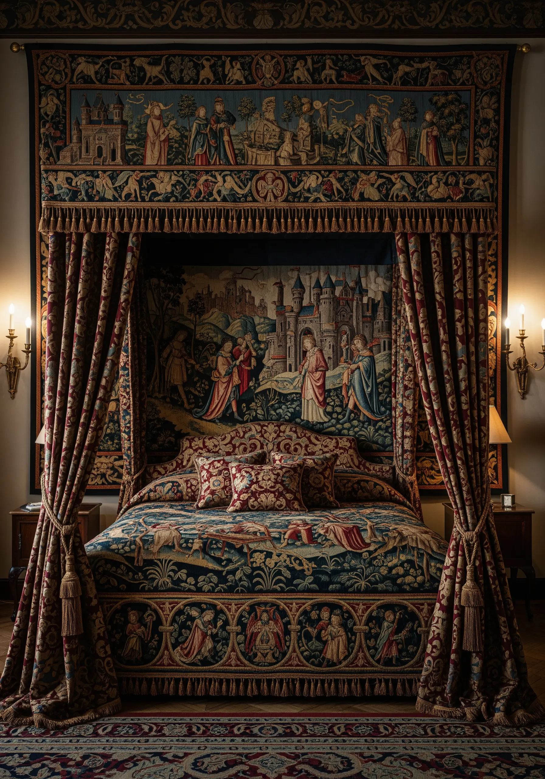 An ornate, medieval-style bedroom with tapestries covering the walls and canopy bed.