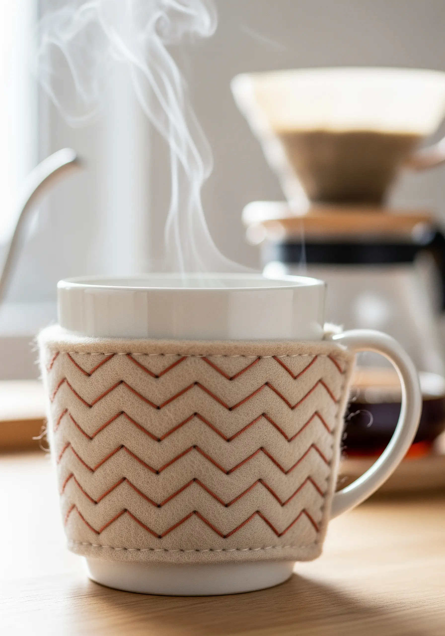 A handmade mug cozy with a hand-stitched chevron pattern in orange thread.