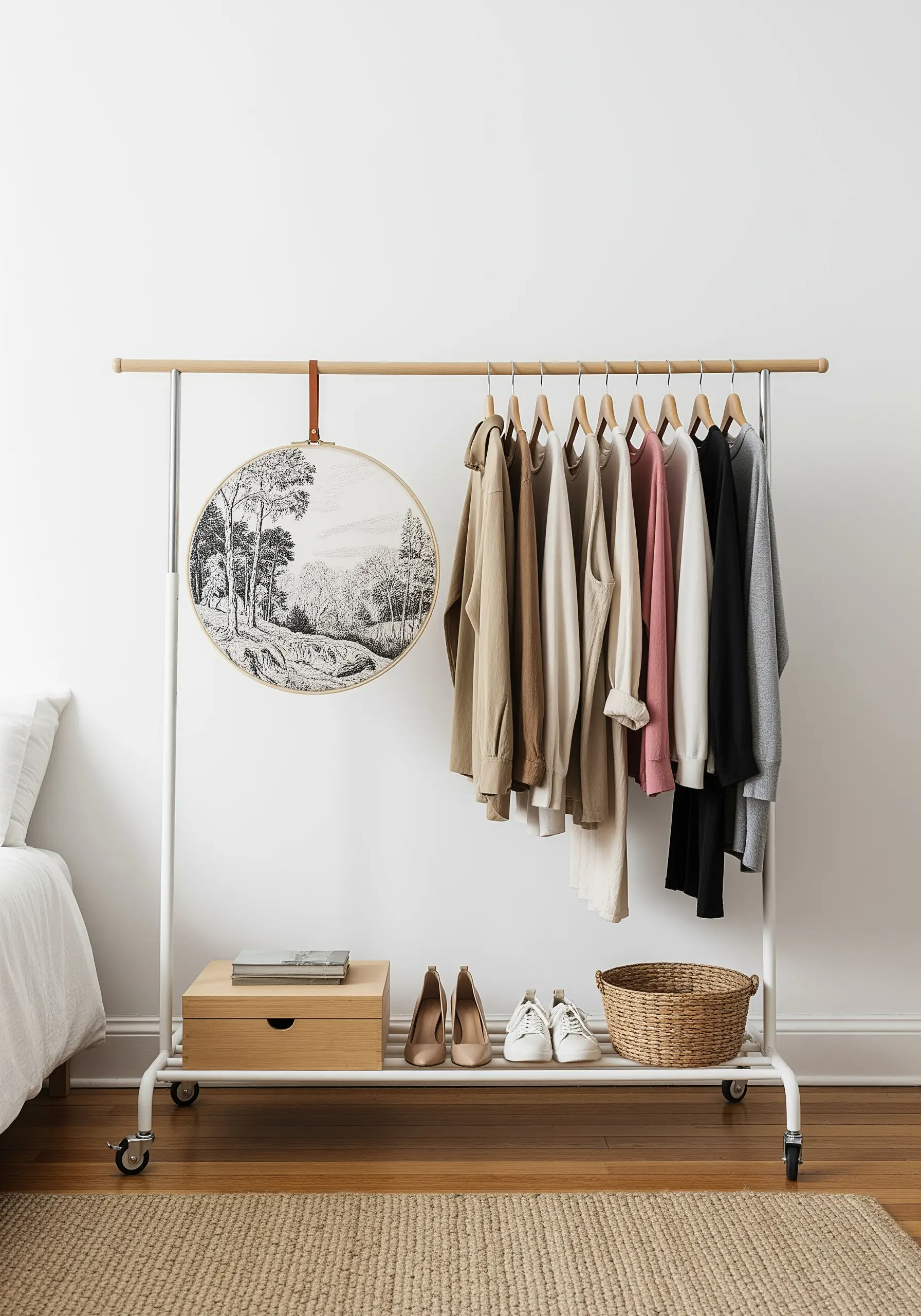 A large landscape embroidery hoop hanging from the end of a minimalist clothing rack.
