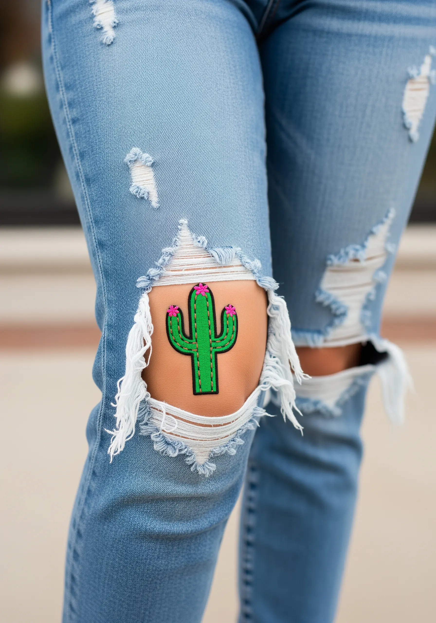 An embroidered cactus patch peeking through a large rip in the knee of jeans.