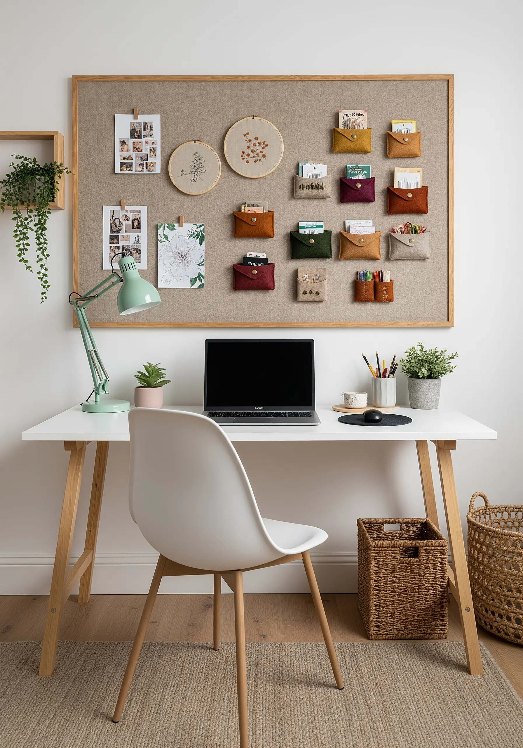 A corkboard with photos, notes, and small, handmade pouches for organization.