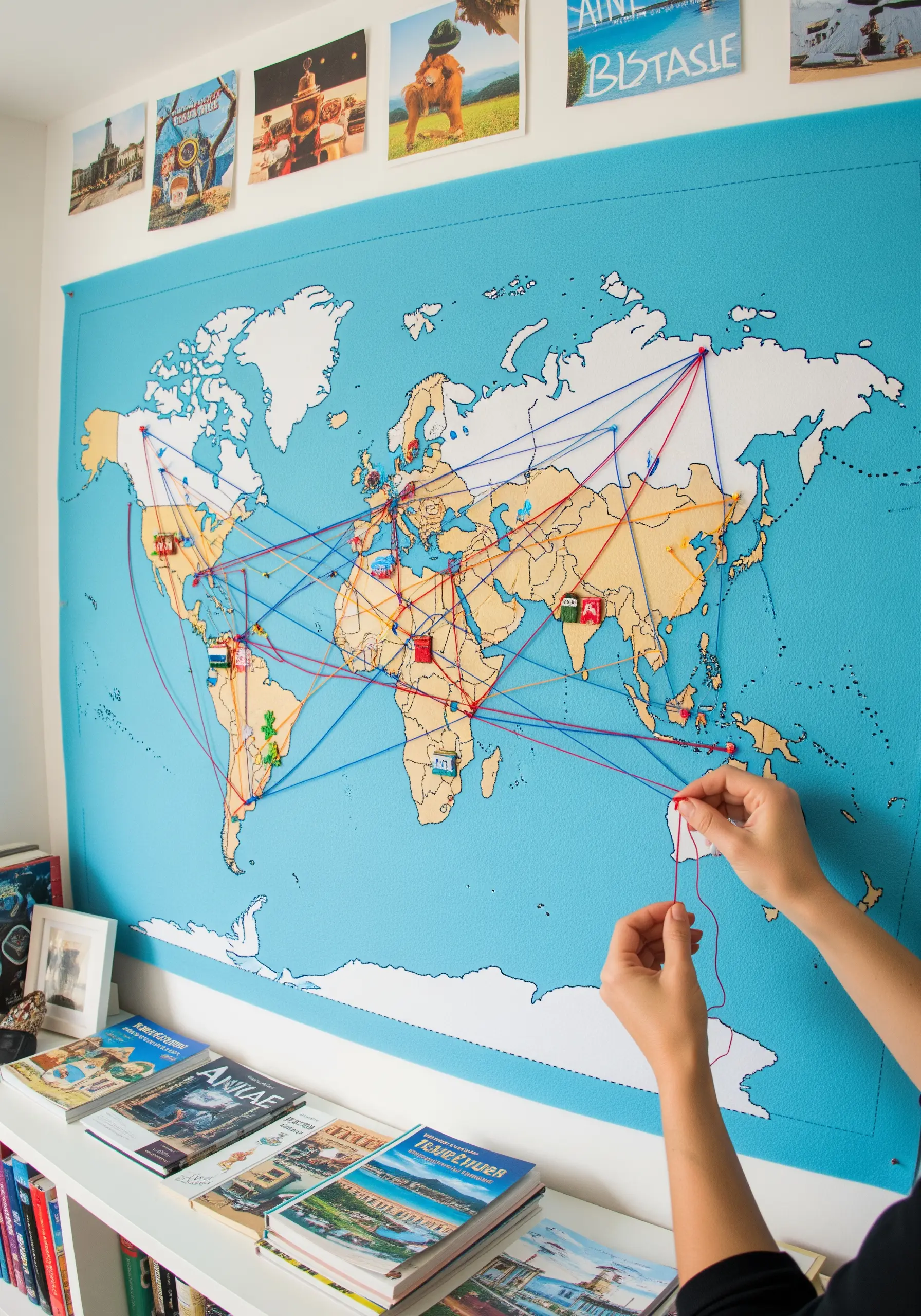 A large fabric world map on a wall with colorful threads connecting various locations.