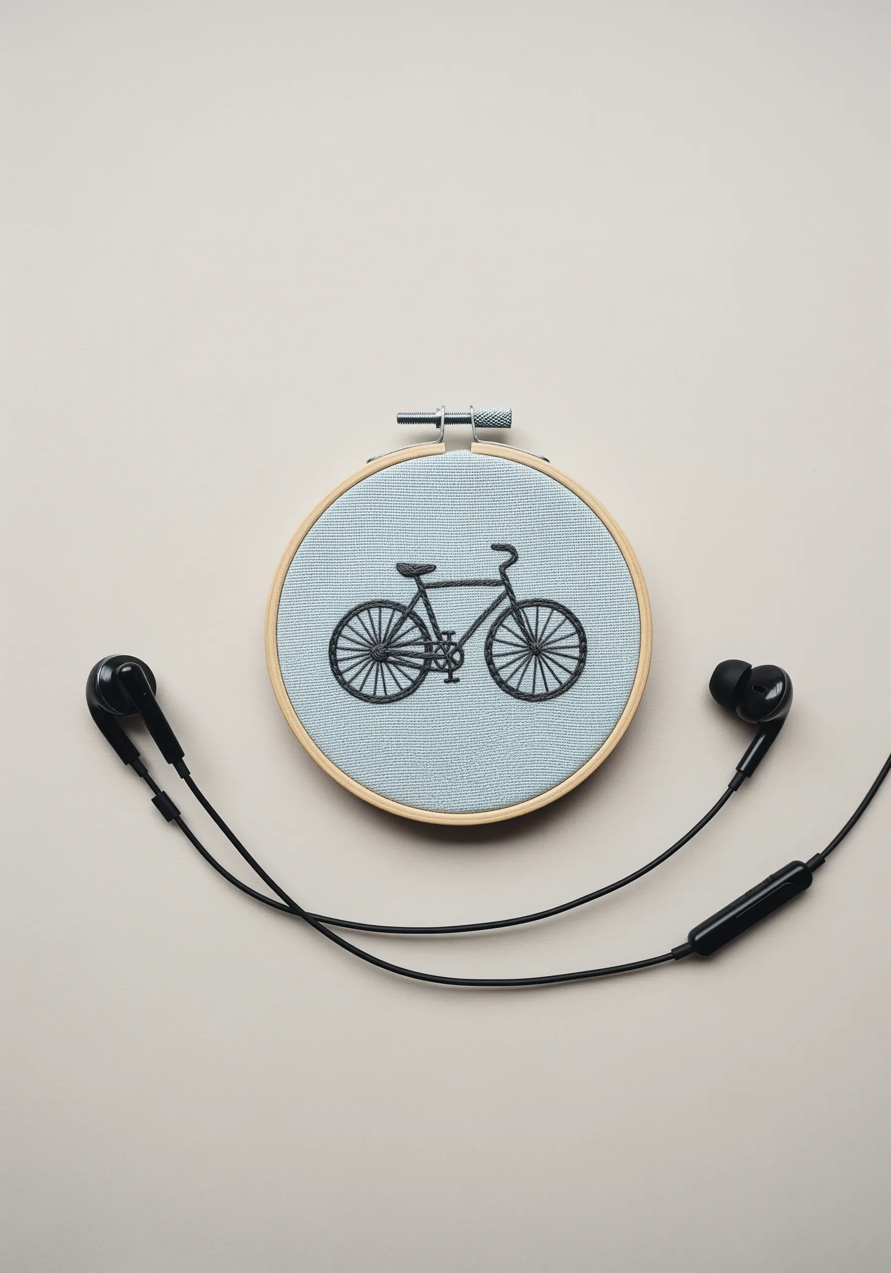 A detailed line-art embroidery of a bicycle on light blue fabric.