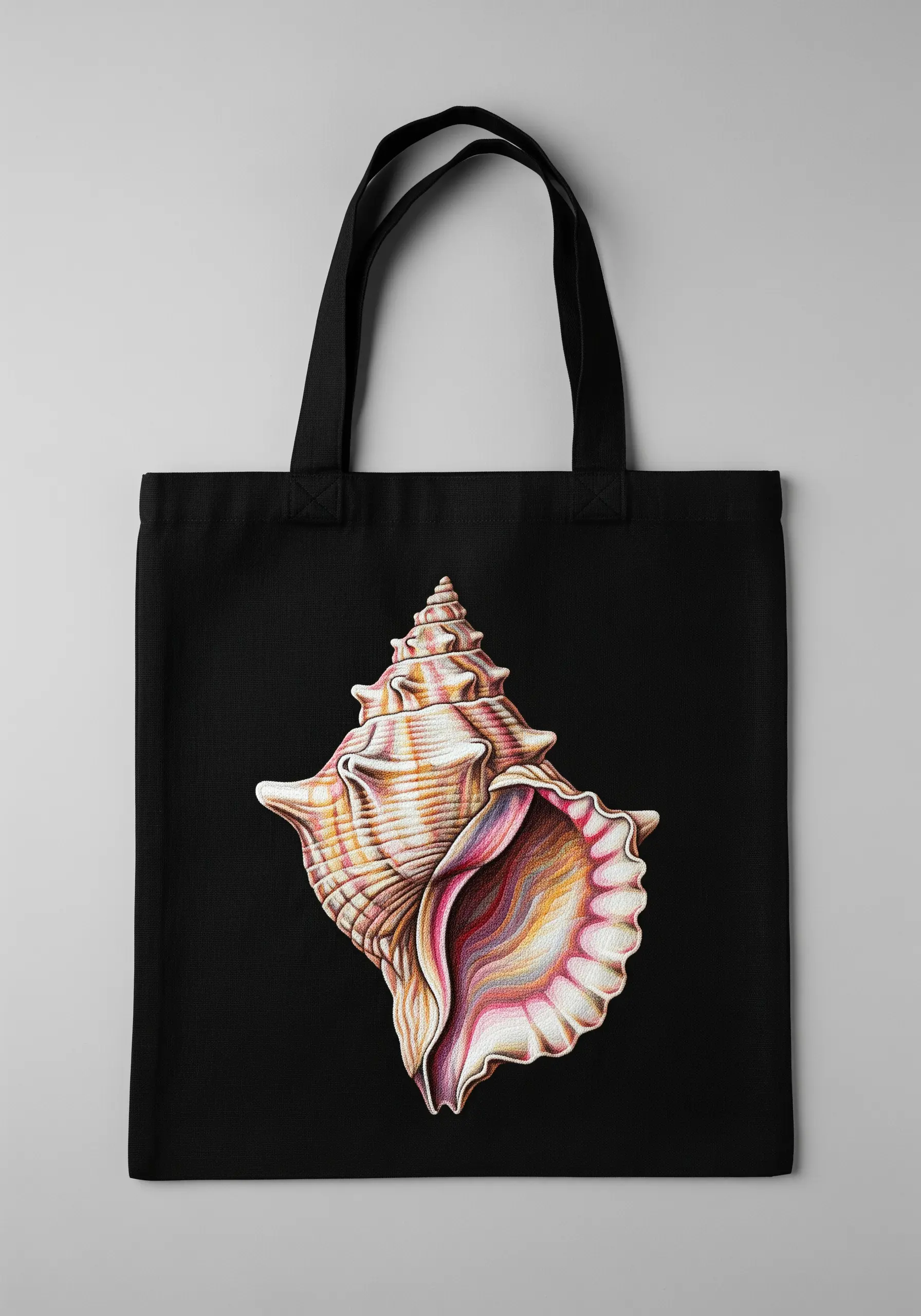 A hyper-realistic, thread-painted conch shell with intricate color blending on a black tote bag.