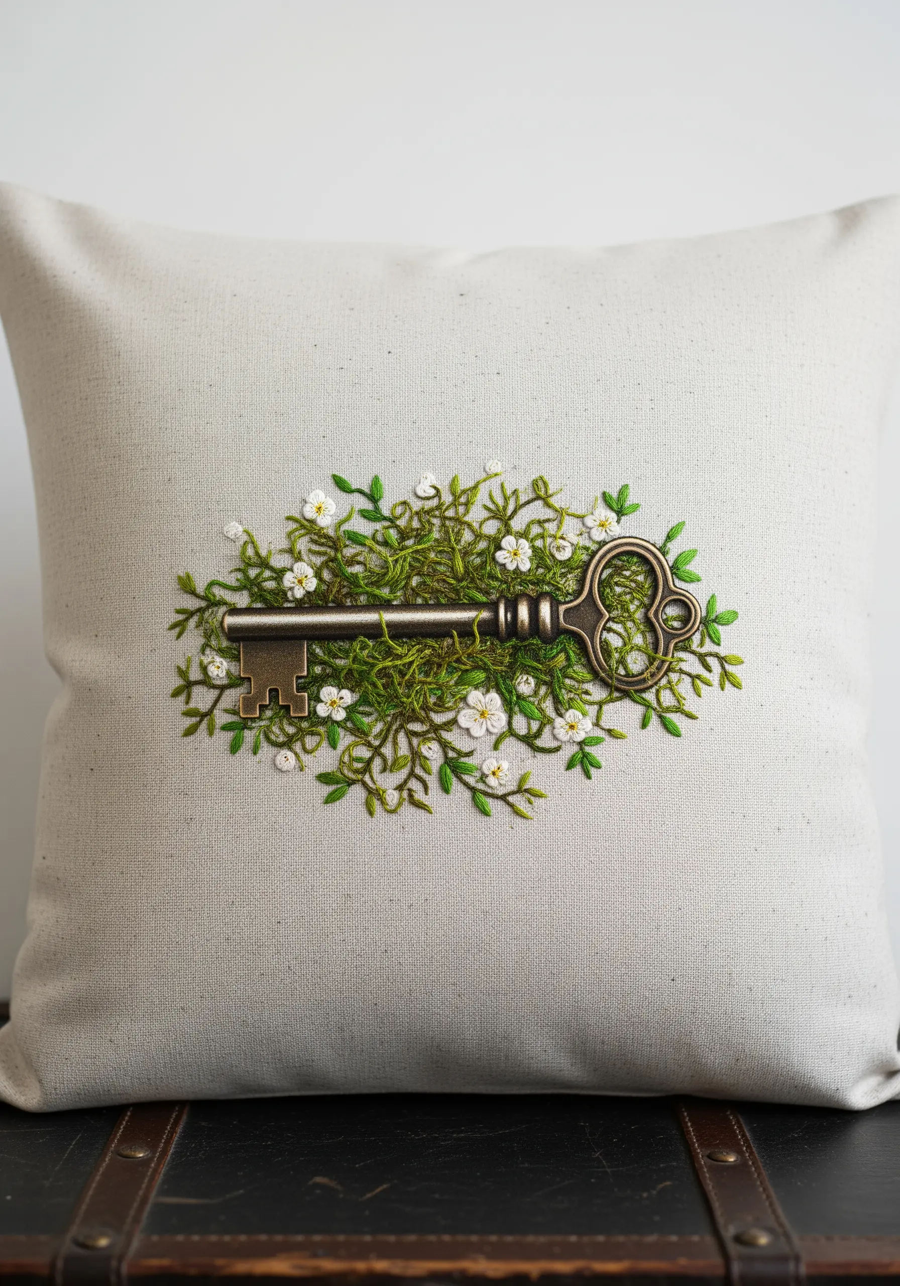 An embroidered antique key wrapped in moss and tiny white flowers on linen.