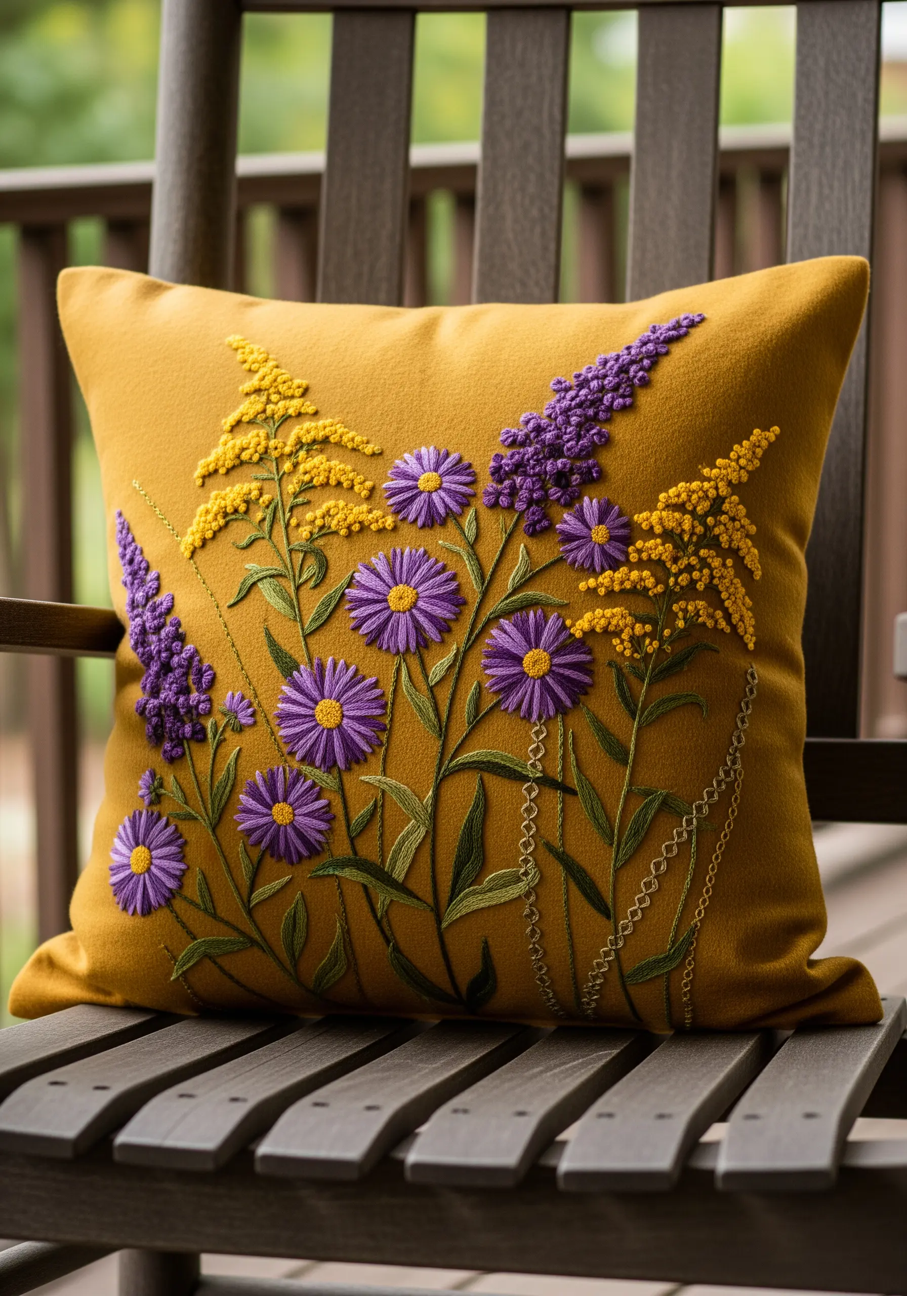 Embroidered purple asters and yellow goldenrod on a mustard-colored cushion.