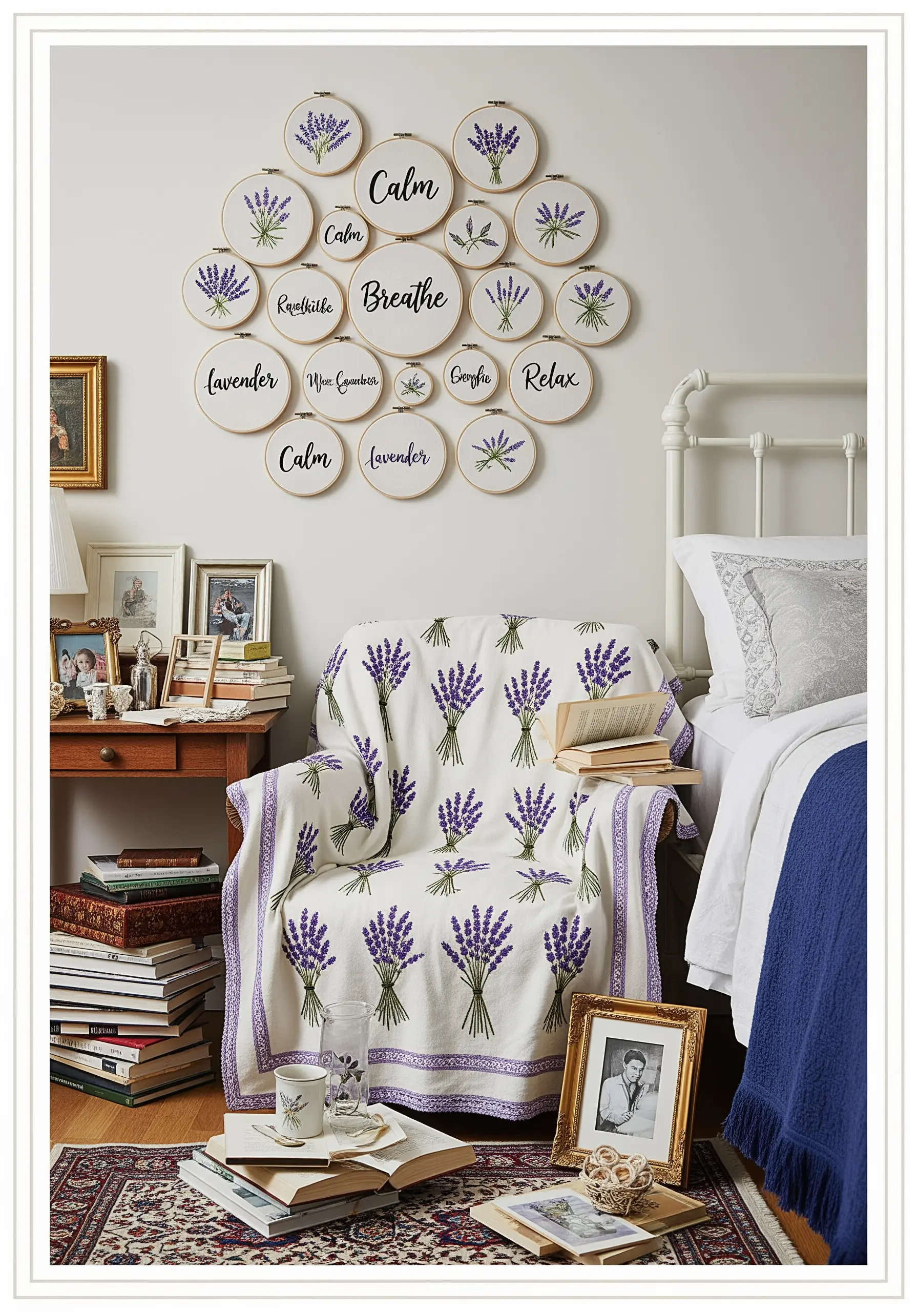 A large wall collage of many embroidery hoops with lavender motifs and calming words.