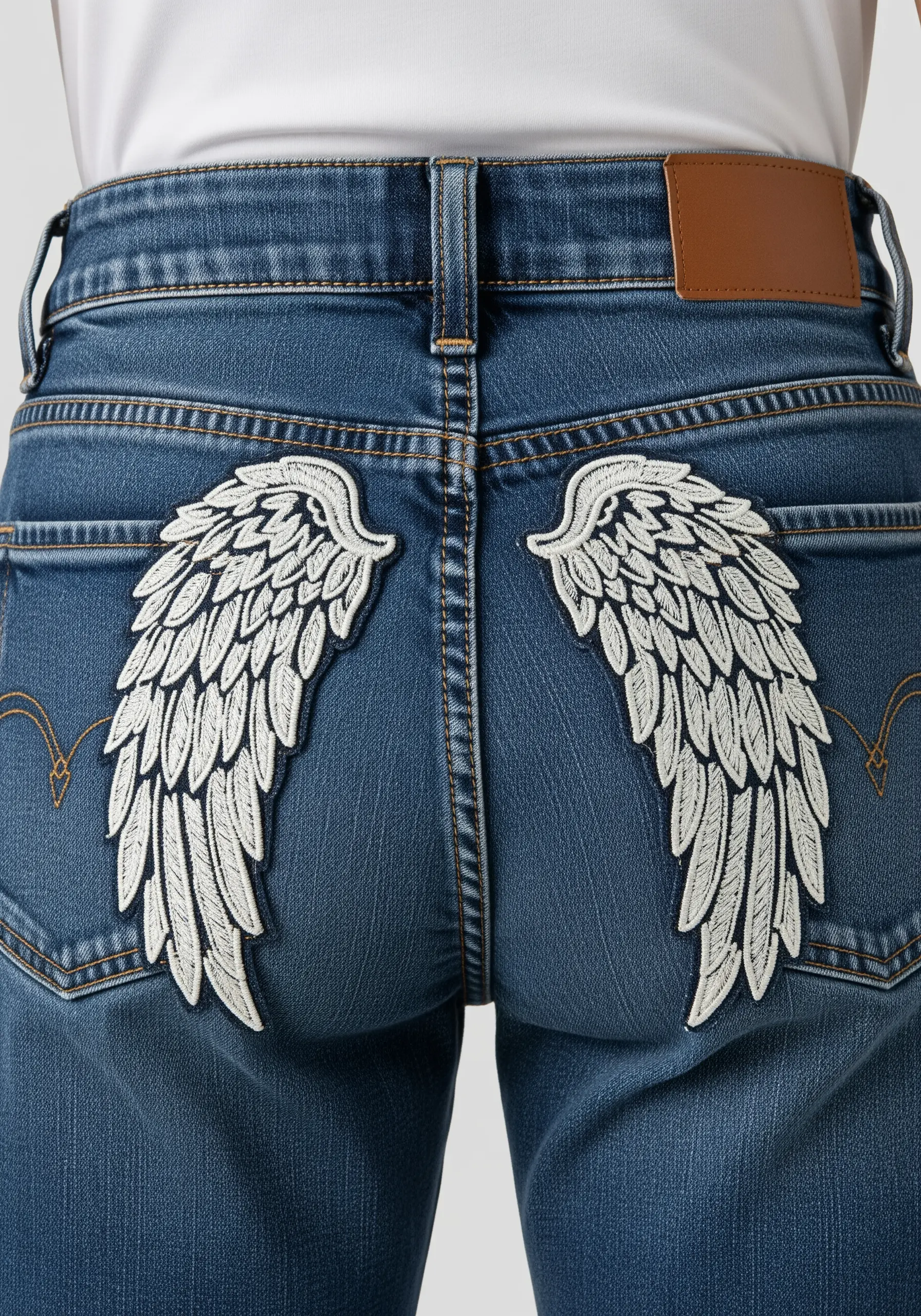 A pair of large, detailed white angel wings embroidered on the back pockets of jeans.