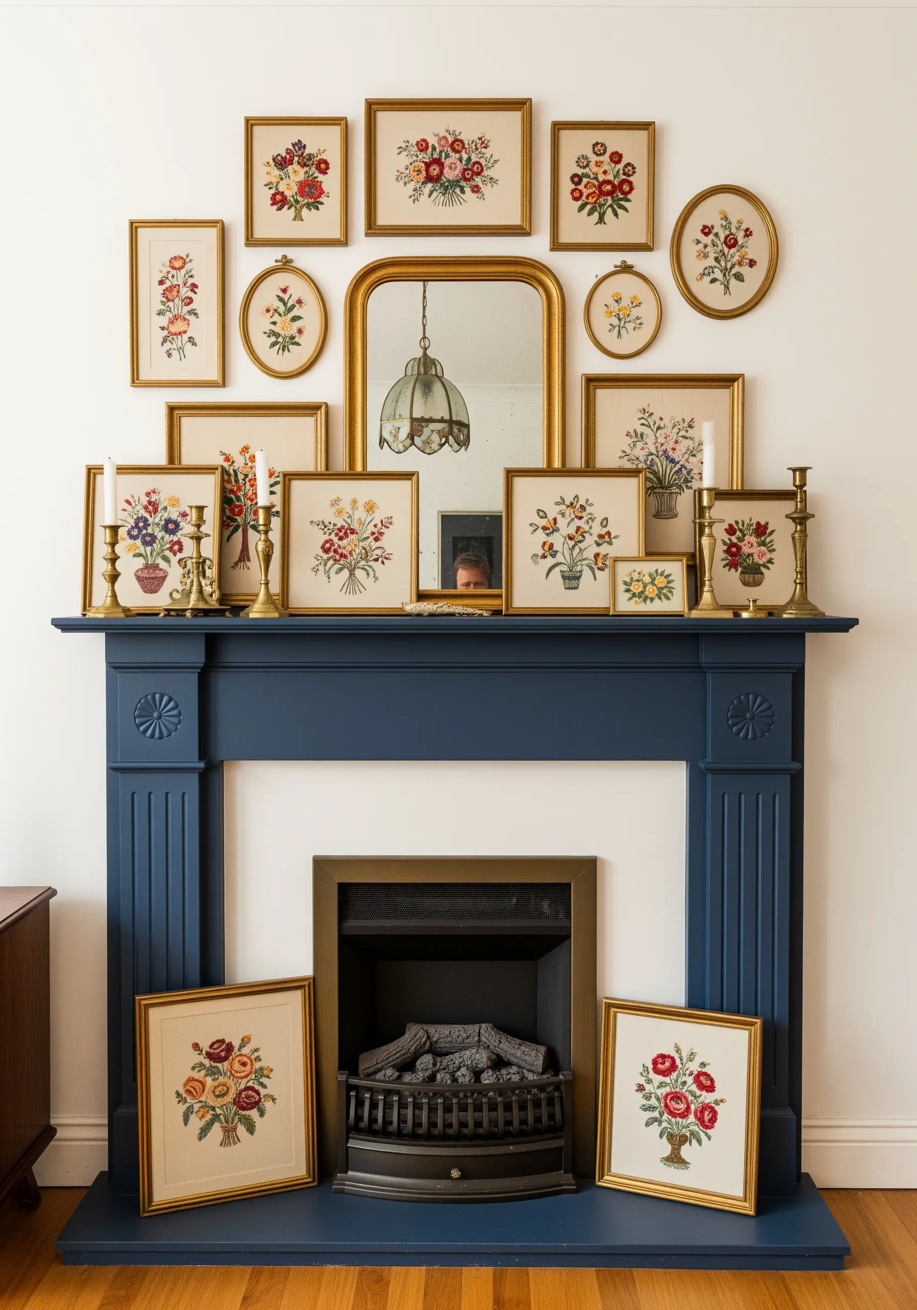A collection of framed floral embroidery art arranged on a navy blue mantelpiece.