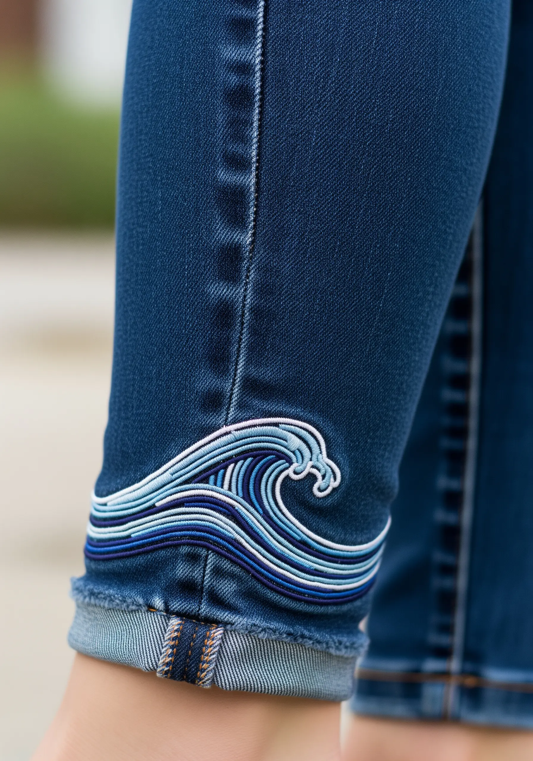 A stylized ocean wave in multiple shades of blue embroidered on a jean cuff.