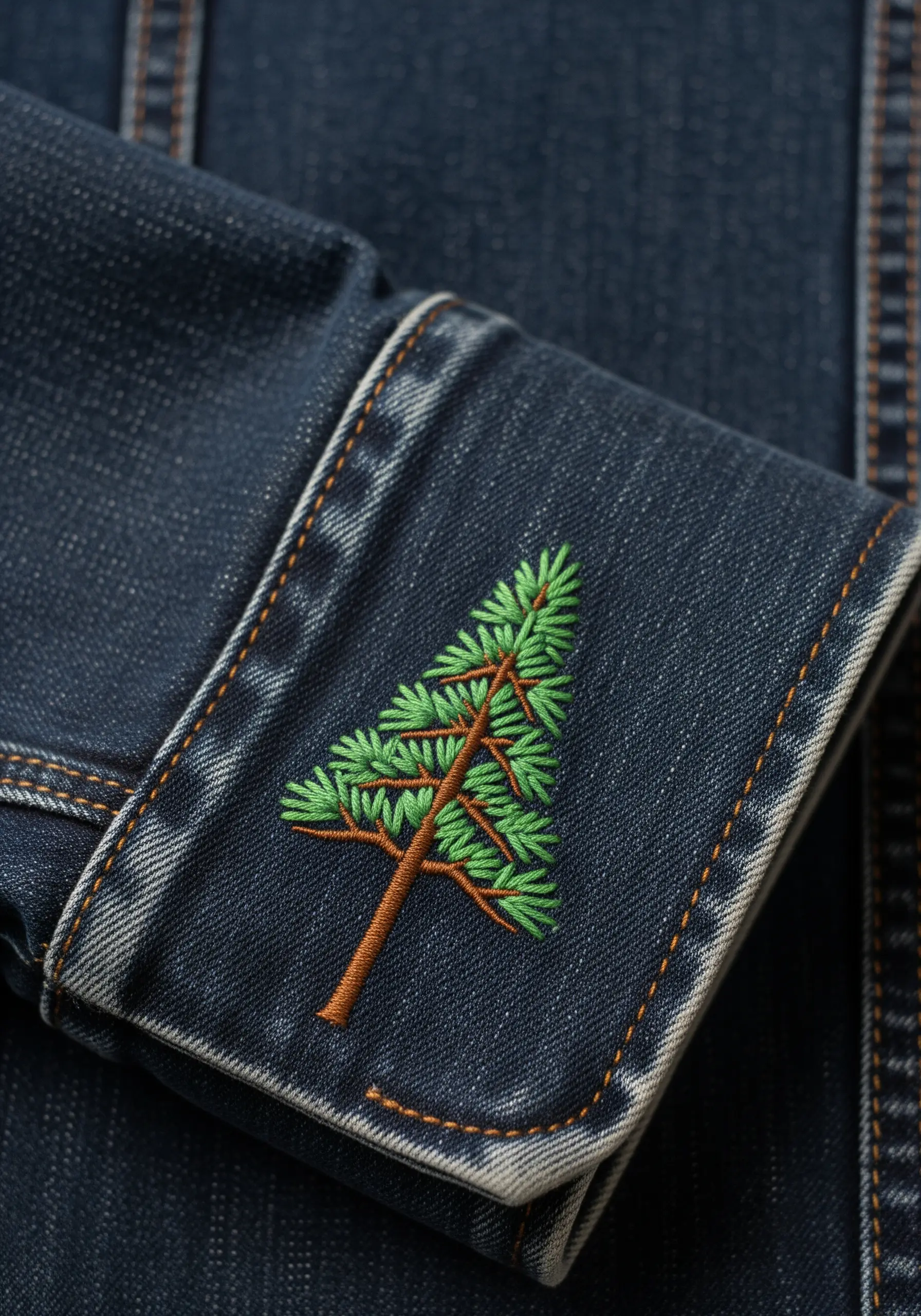 A small embroidered pine tree with layered green branches on the cuff of a dark denim jacket