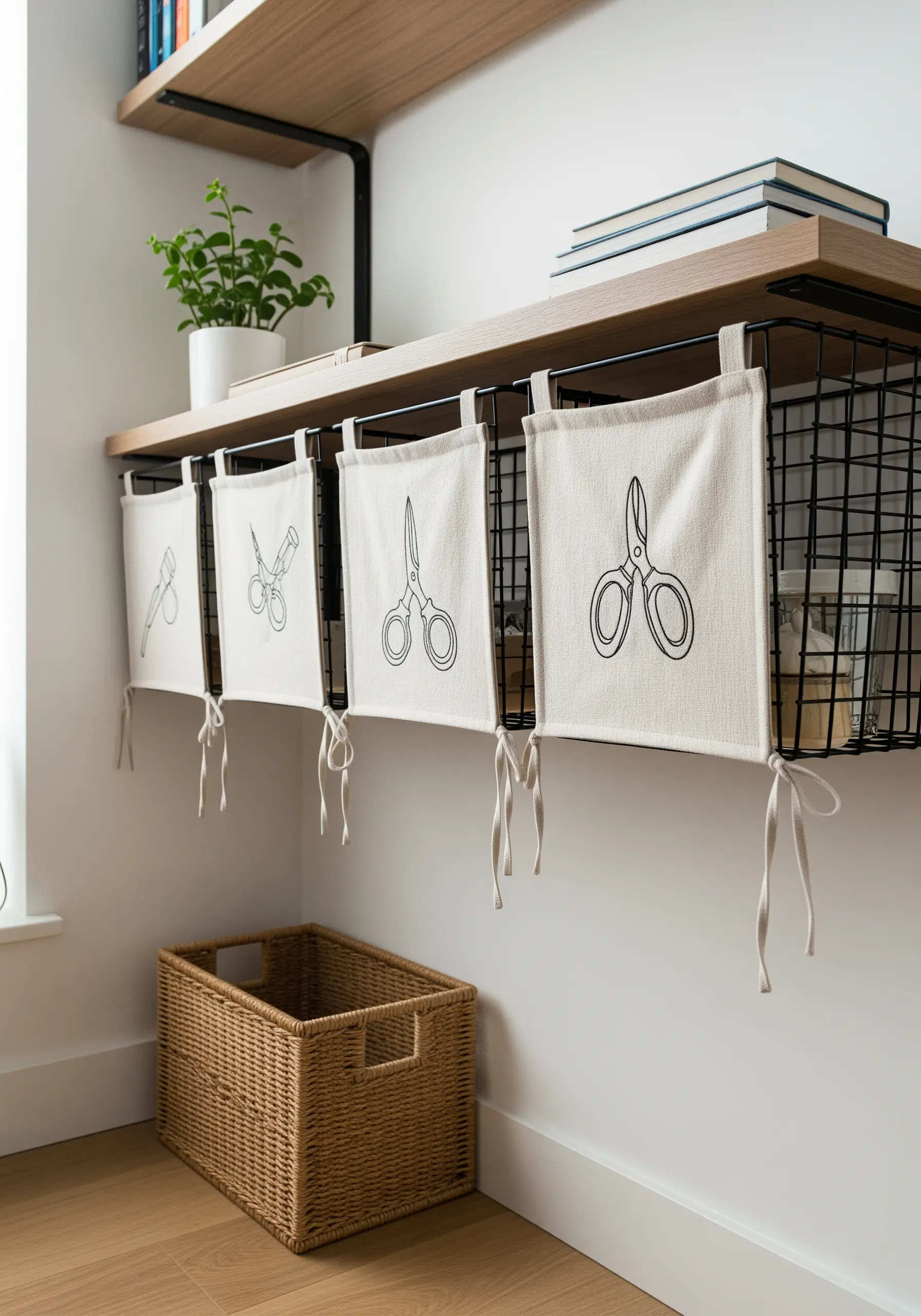 Wire baskets under a shelf with linen liners featuring line-art embroidery of scissors.