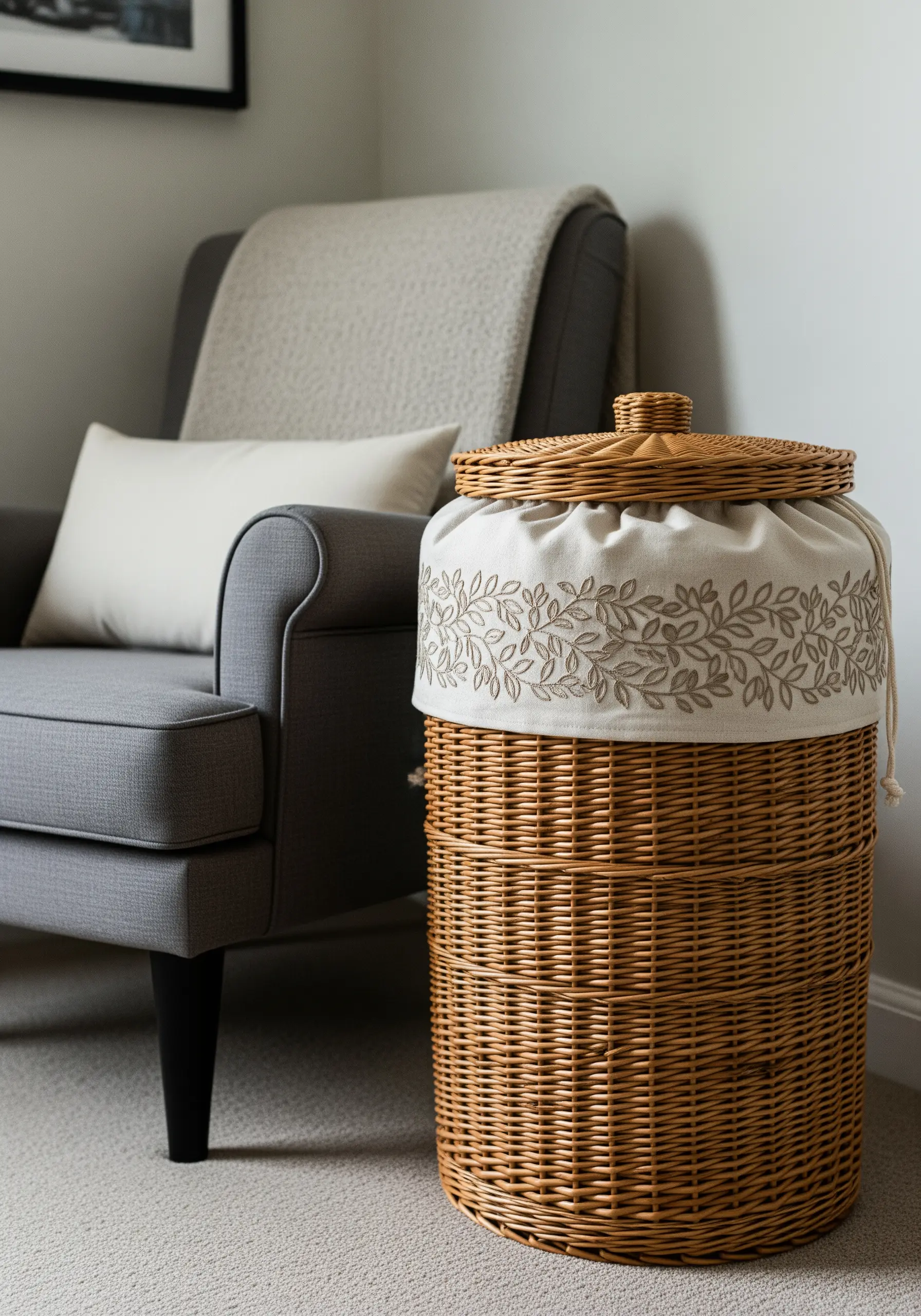 A wicker hamper with a removable linen liner featuring a wide band of leaf embroidery.
