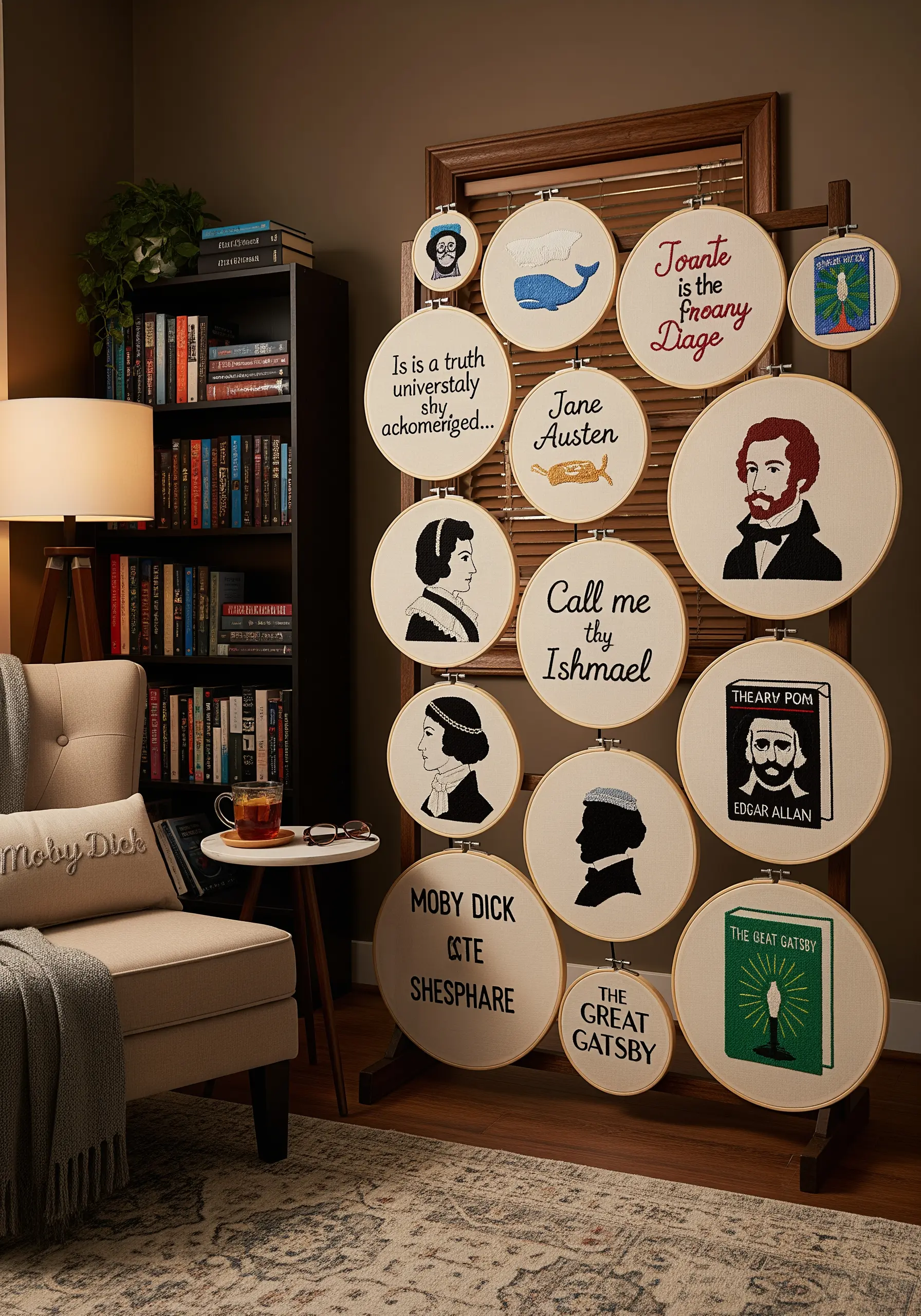 A collection of embroidery hoops featuring famous authors, book quotes, and literary symbols.