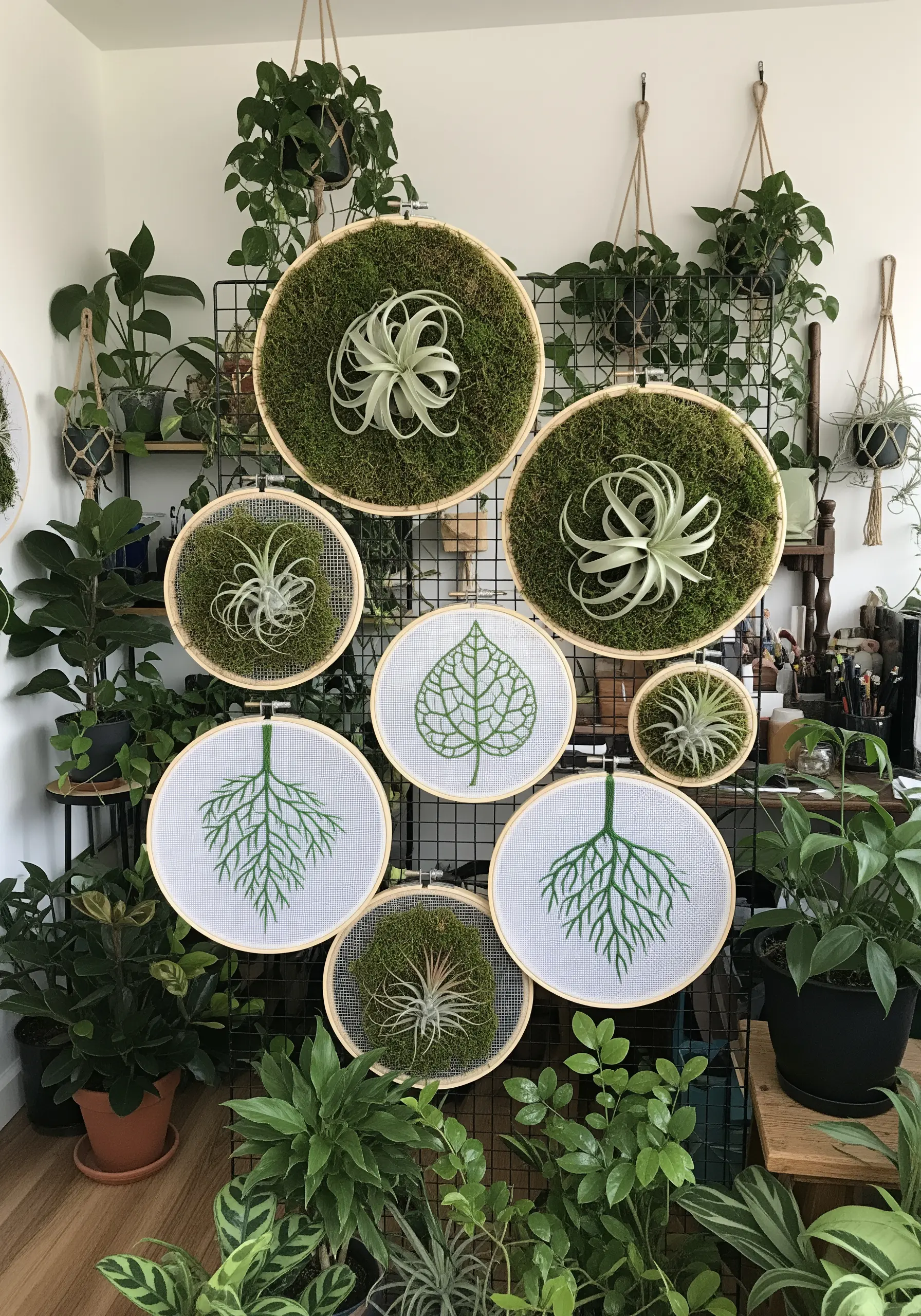 Embroidered leaf veins and roots mixed with hoops containing real moss and air plants.