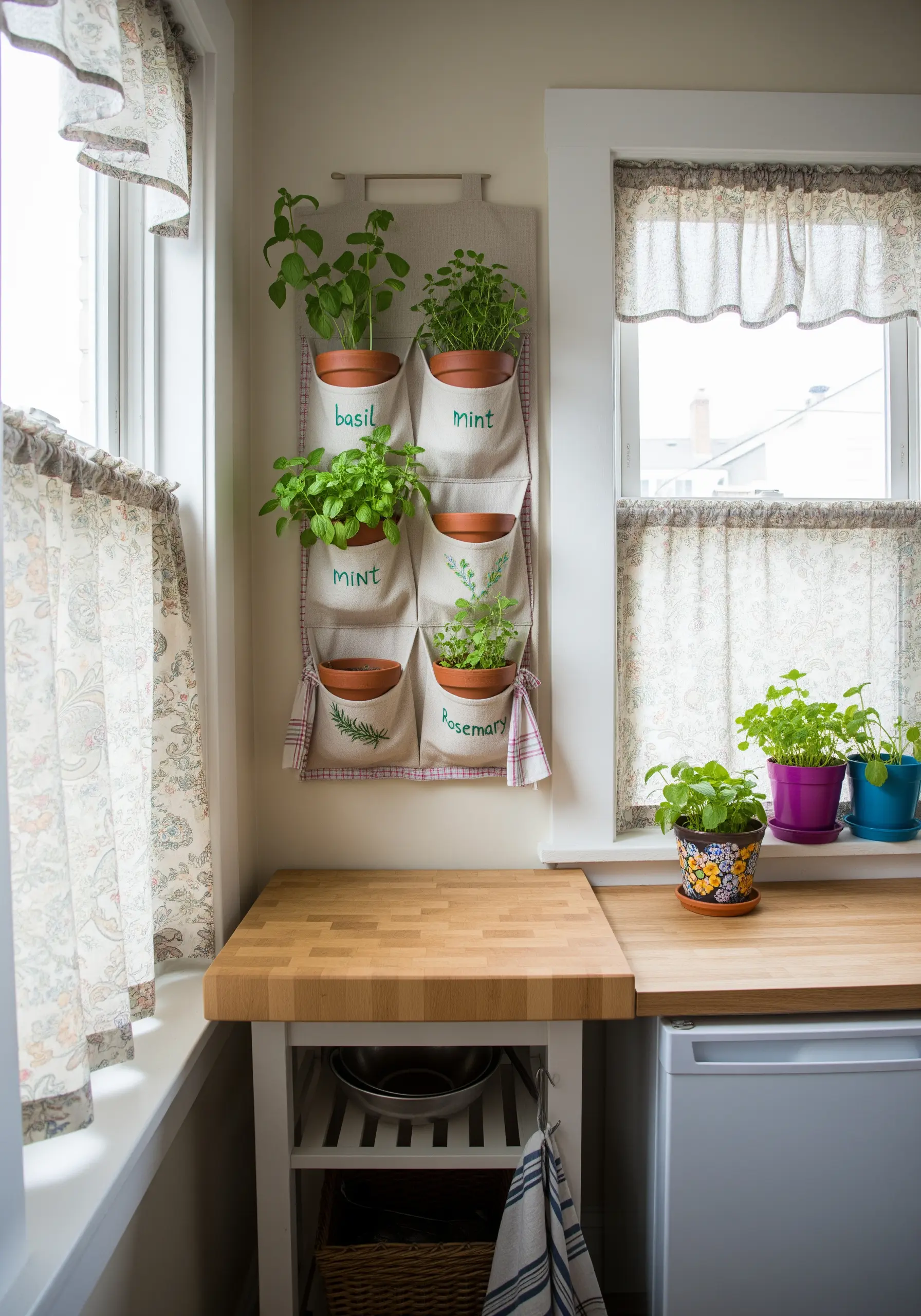 Embroidered canvas wall hanging with pockets for holding small herb pots.