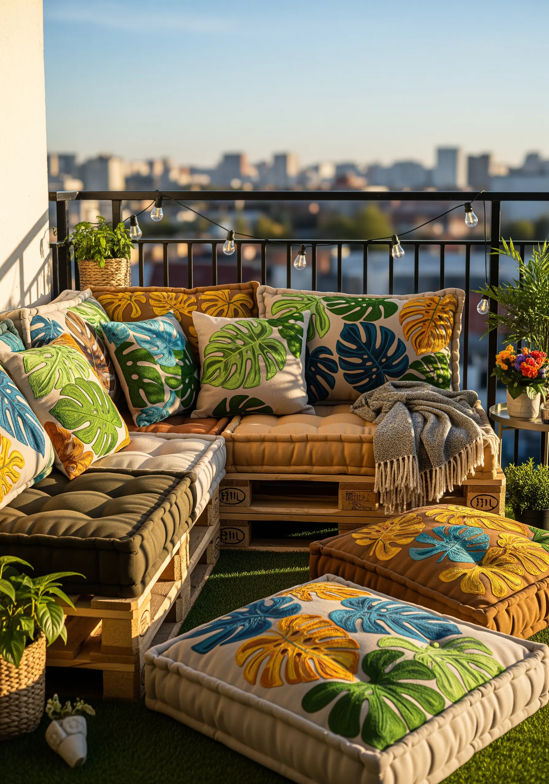 Outdoor cushions on a balcony with large, colorful embroidered tropical leaf designs.