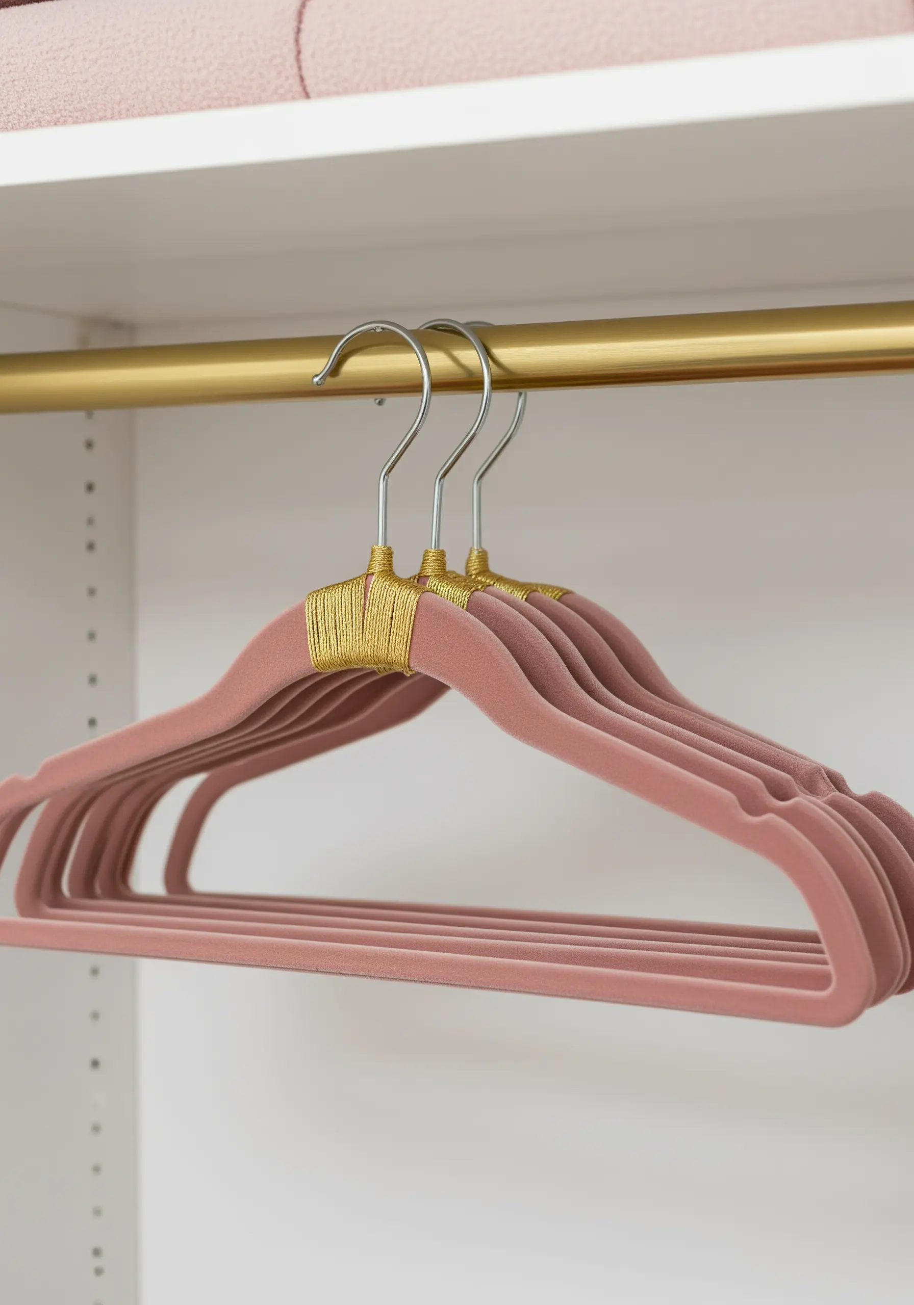 Velvet hangers with their metal hooks meticulously wrapped in gold thread.