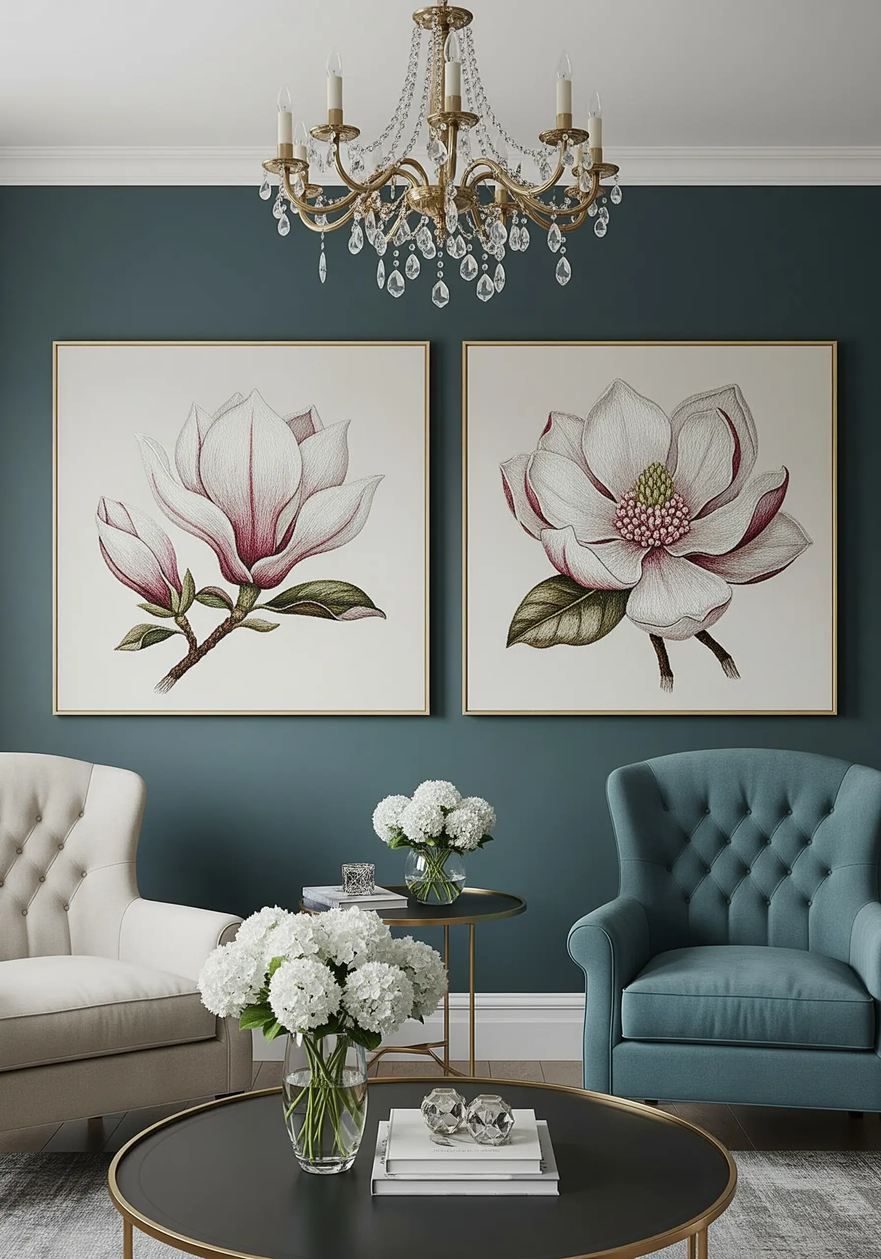 Two large square frames each showing a detailed embroidery of a white and pink magnolia flower.